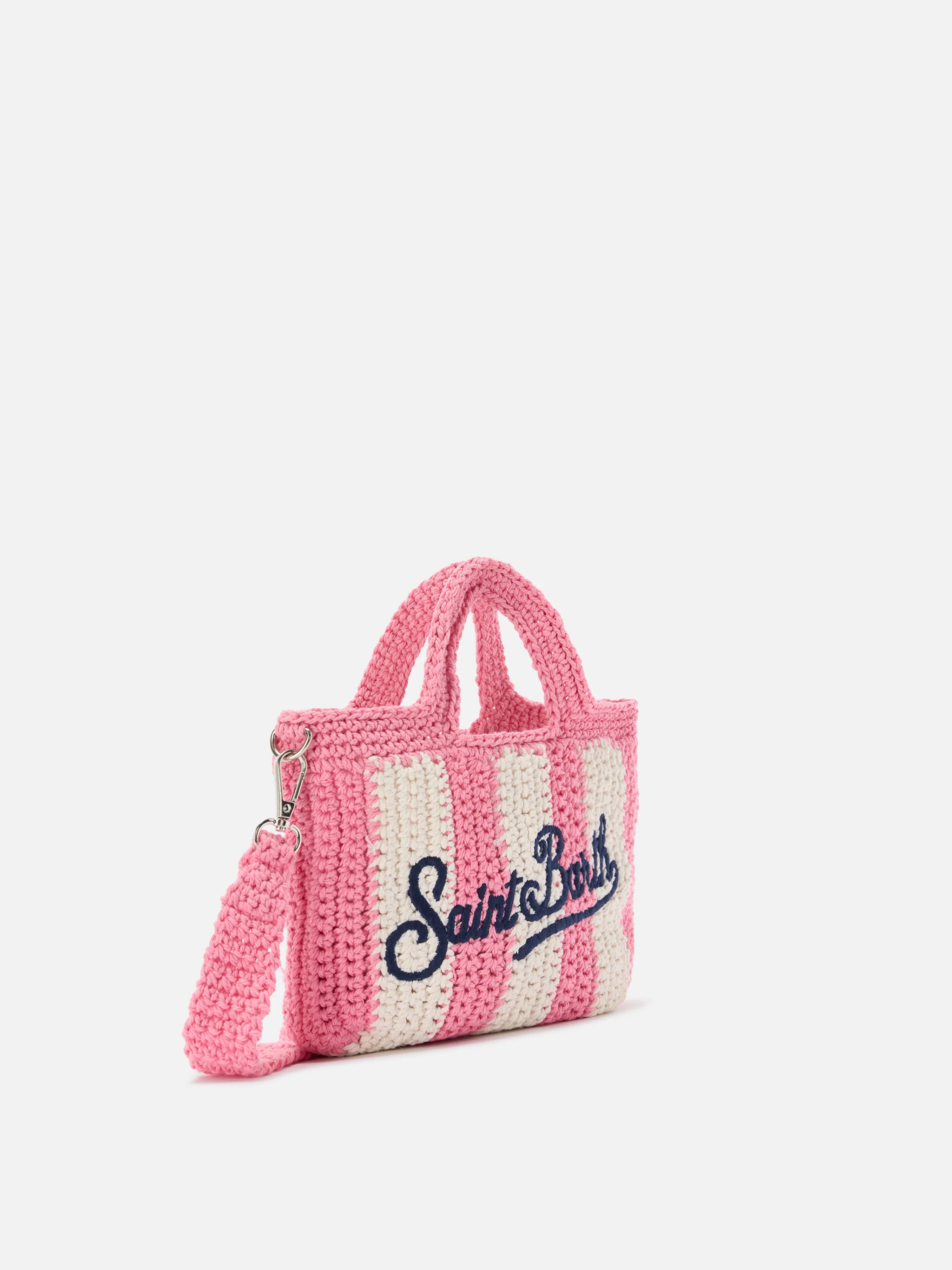 Borsa Crochet Mini a righe rosa con logo ricamato - Image 2