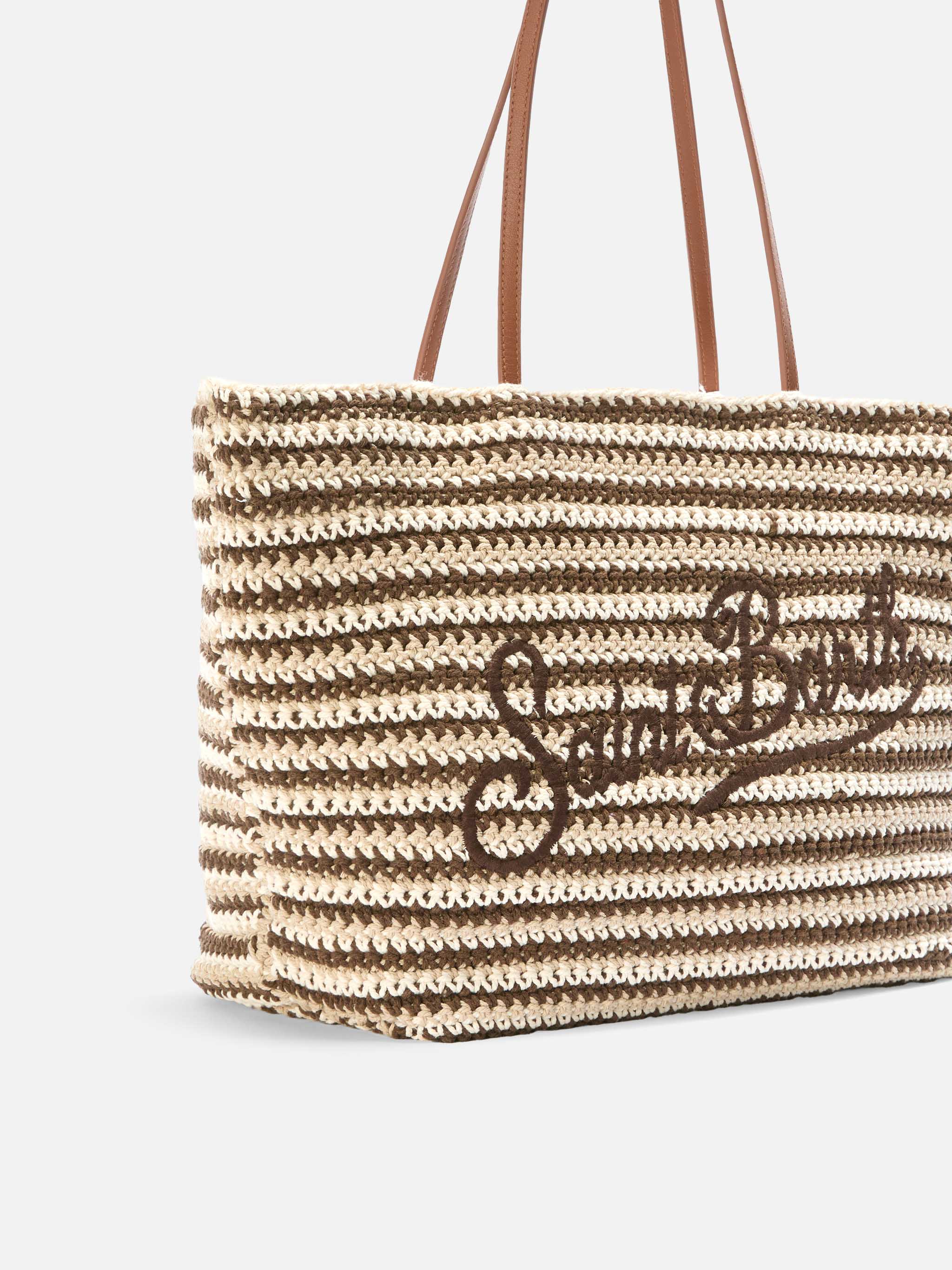 Borsa Tote Crochet a righe beige e marroni con logo ricamato - Image 3