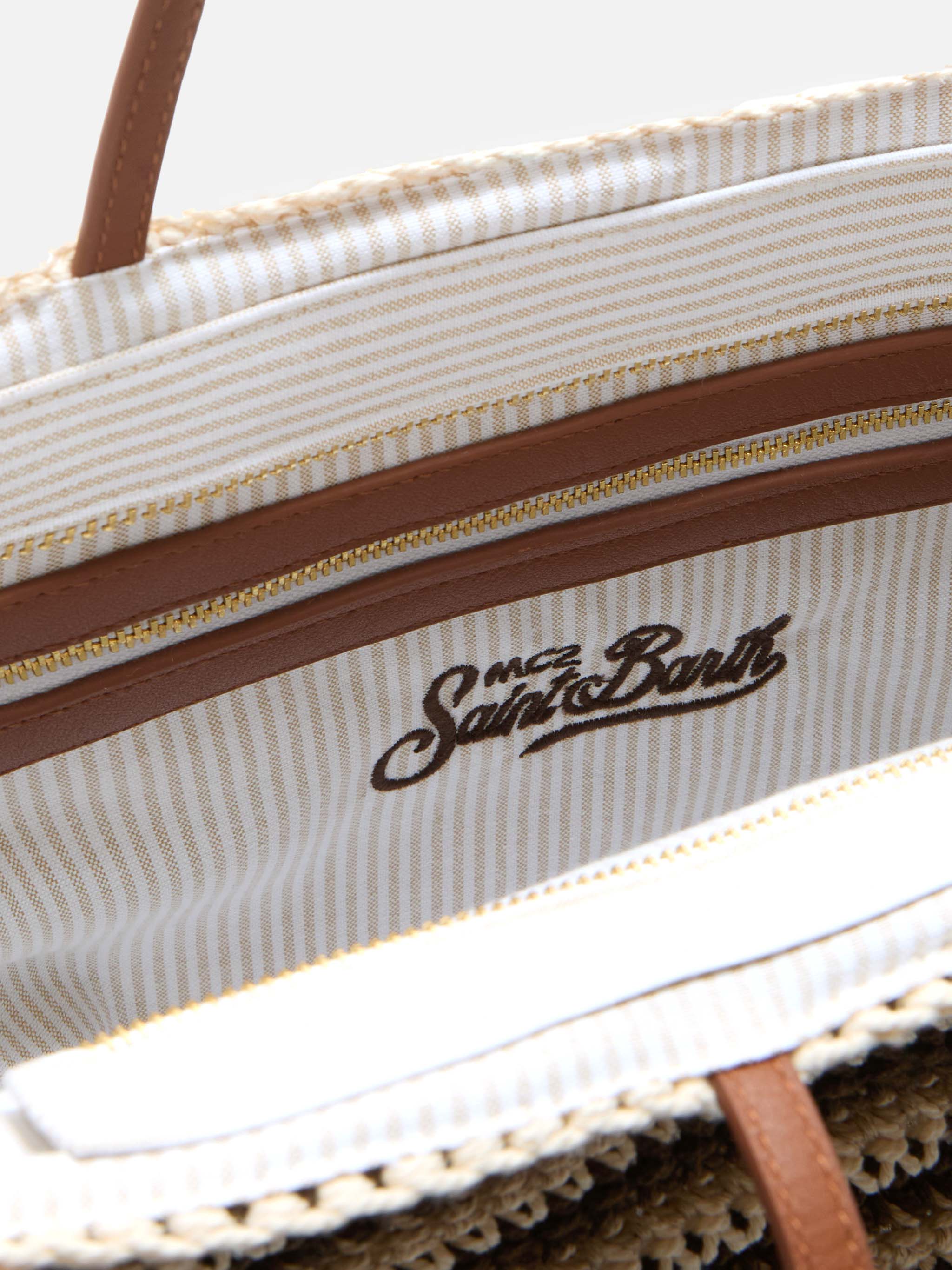 Borsa Tote Crochet a righe beige e marroni con logo ricamato - Image 5