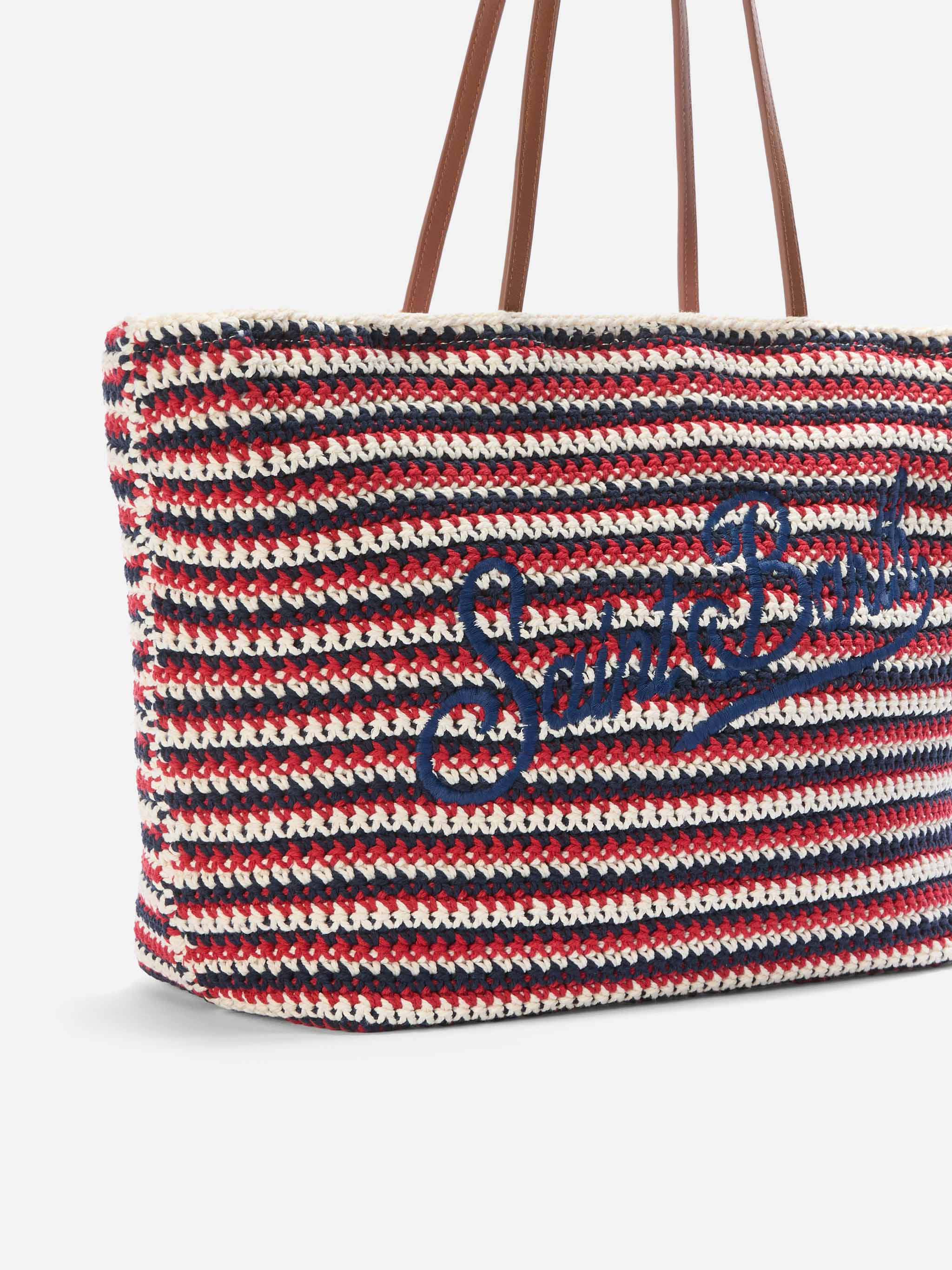 Borsa Tote Crochet a righe blu e rosse con logo ricamato - Image 3