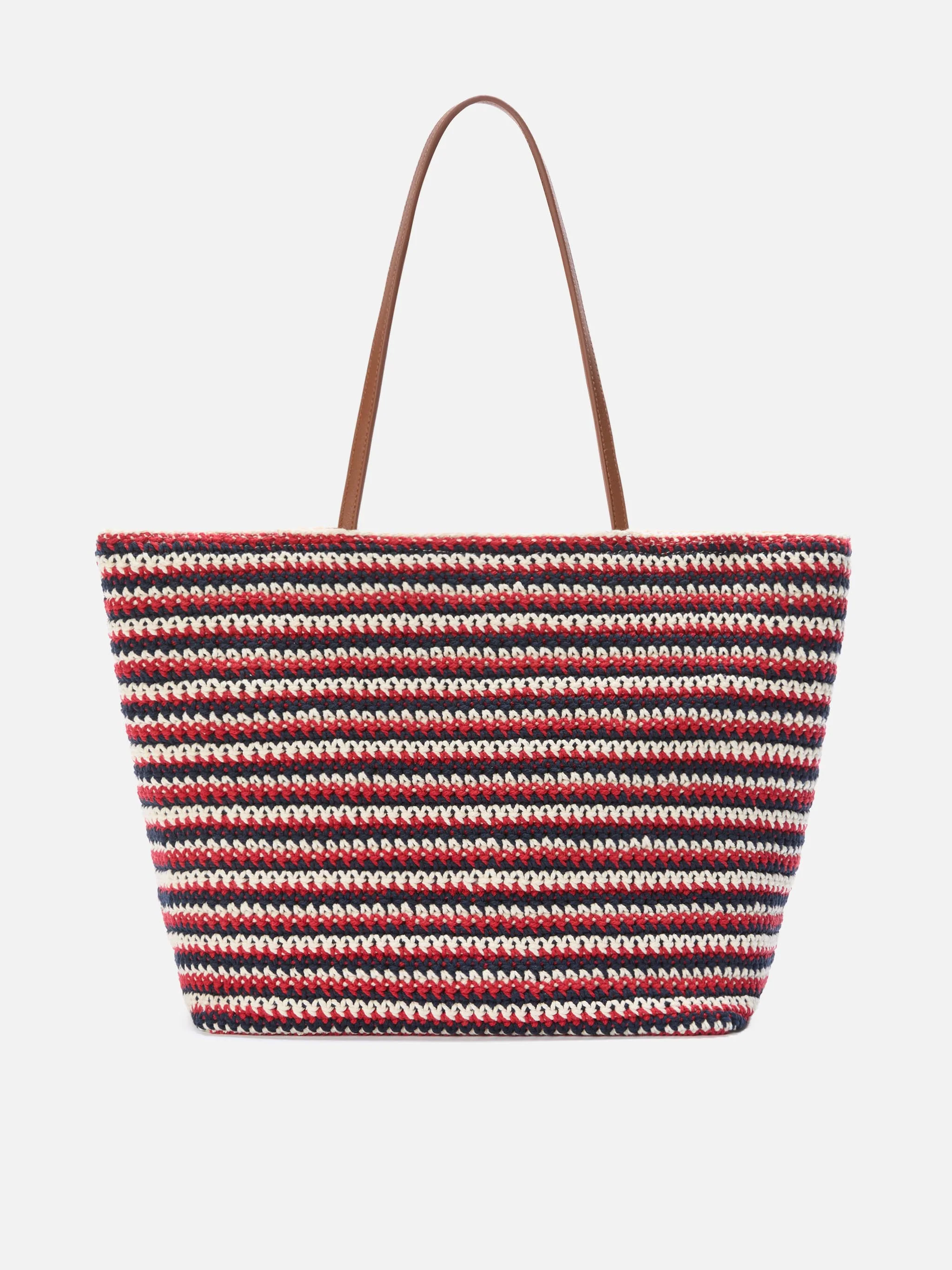 Borsa Tote Crochet a righe blu e rosse con logo ricamato - Image 4