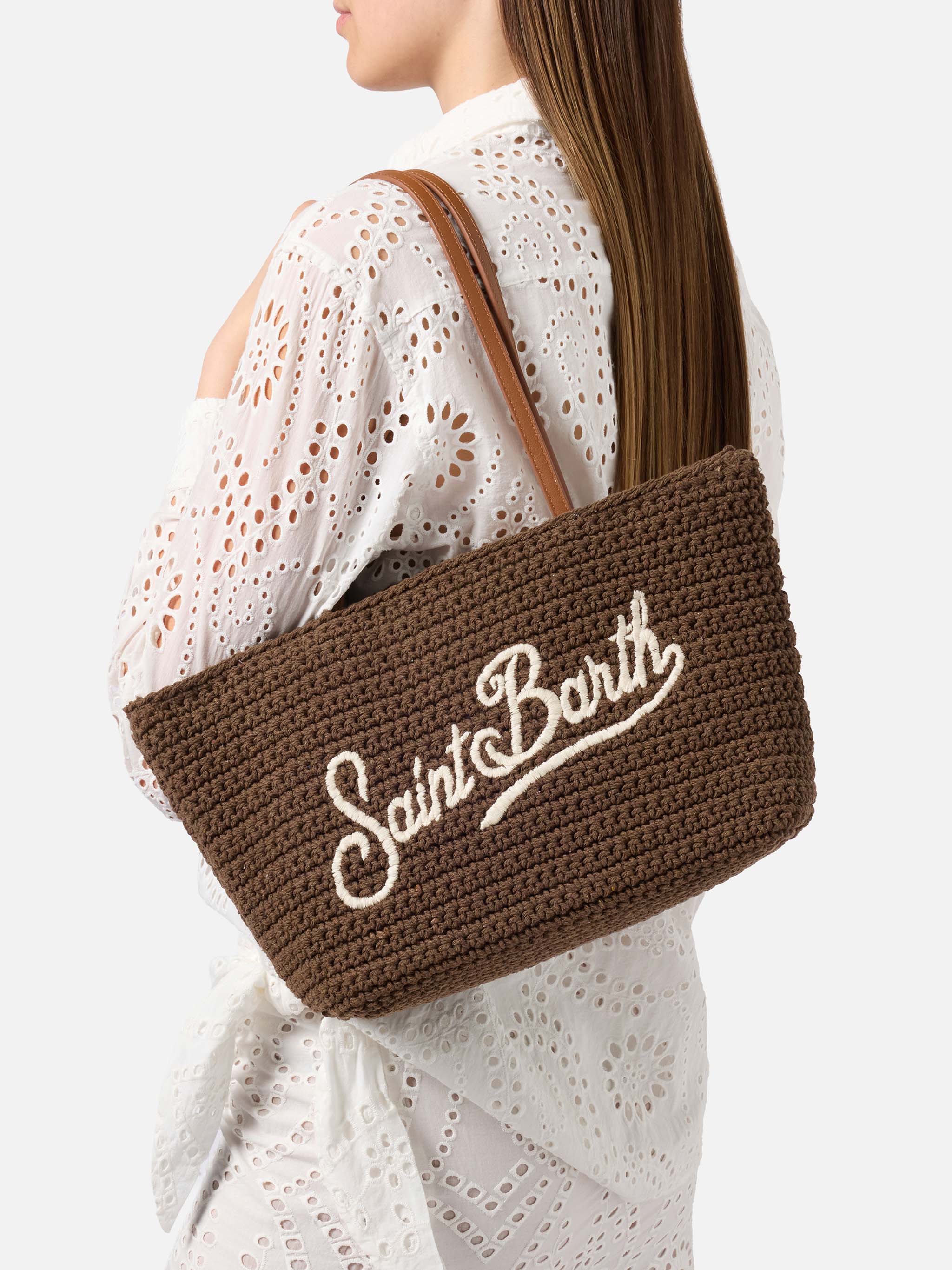 Borsa Tote Crochet medium marrone con logo ricamato - Image 2