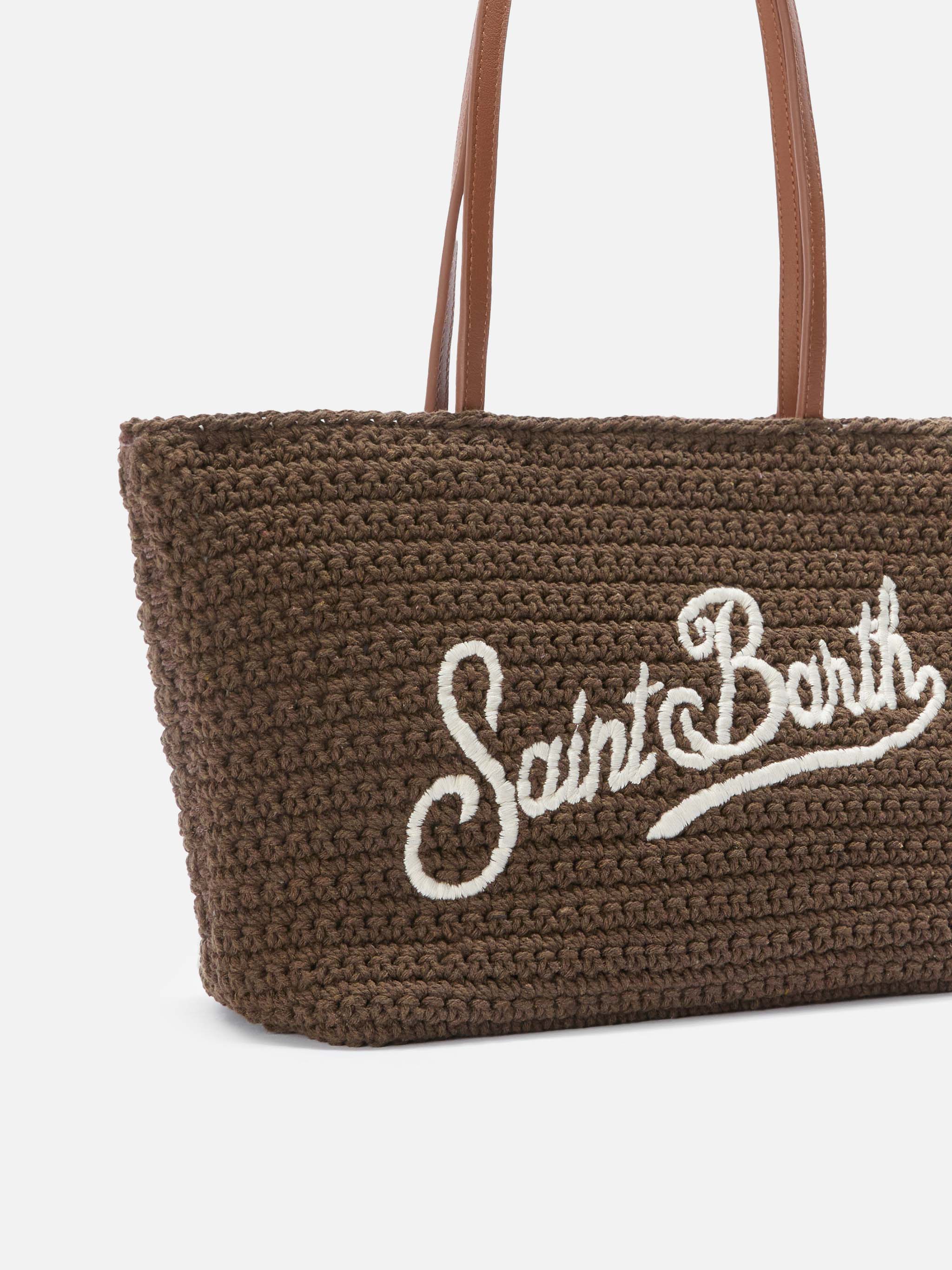 Borsa Tote Crochet medium marrone con logo ricamato - Image 3