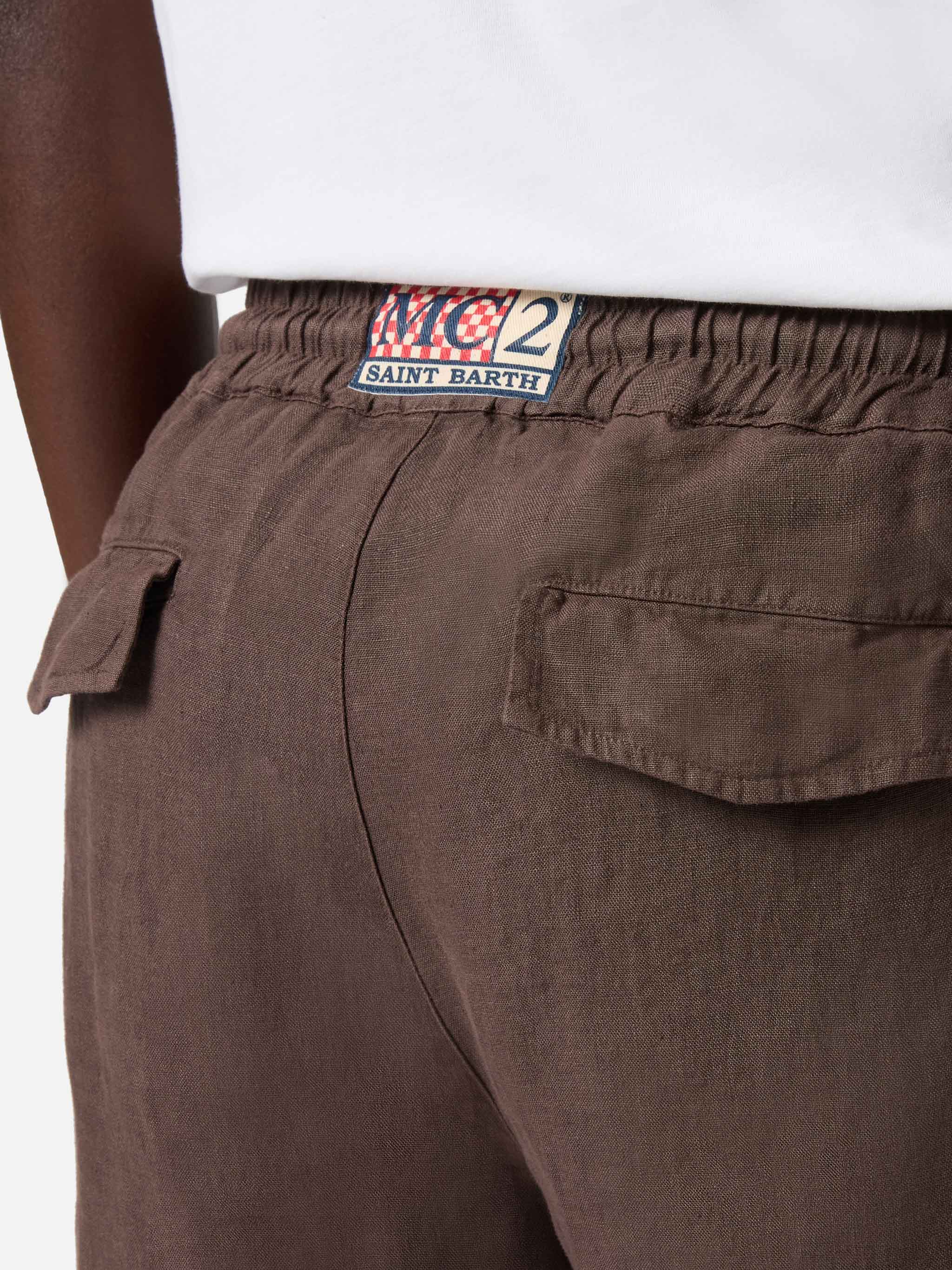 Pantalone Calais lungo marrone scuro in puro lino - Image 3