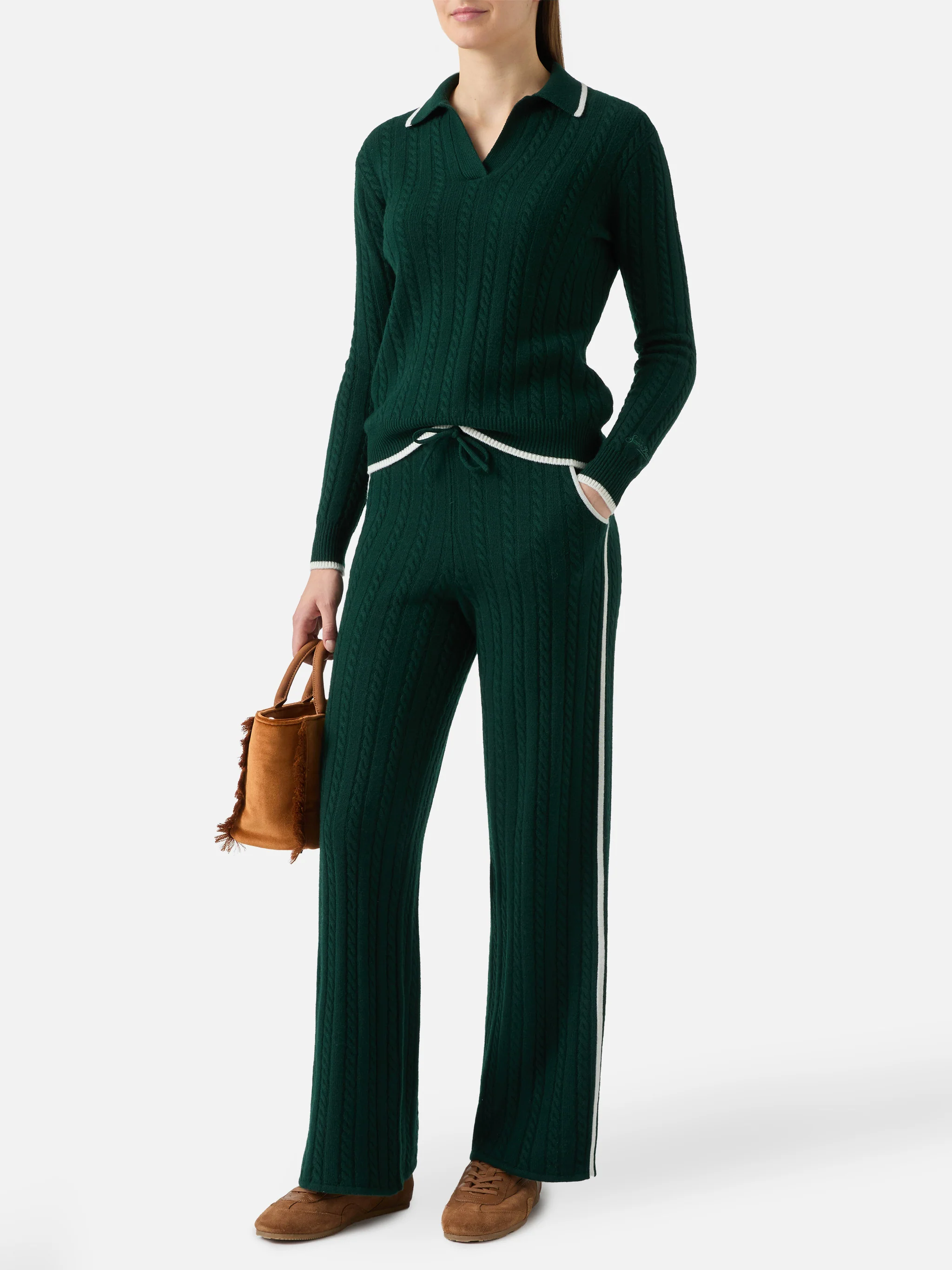 Pantaloni a trecce Dinard in lana verde inglese con ricamo St. Barth - Image 2