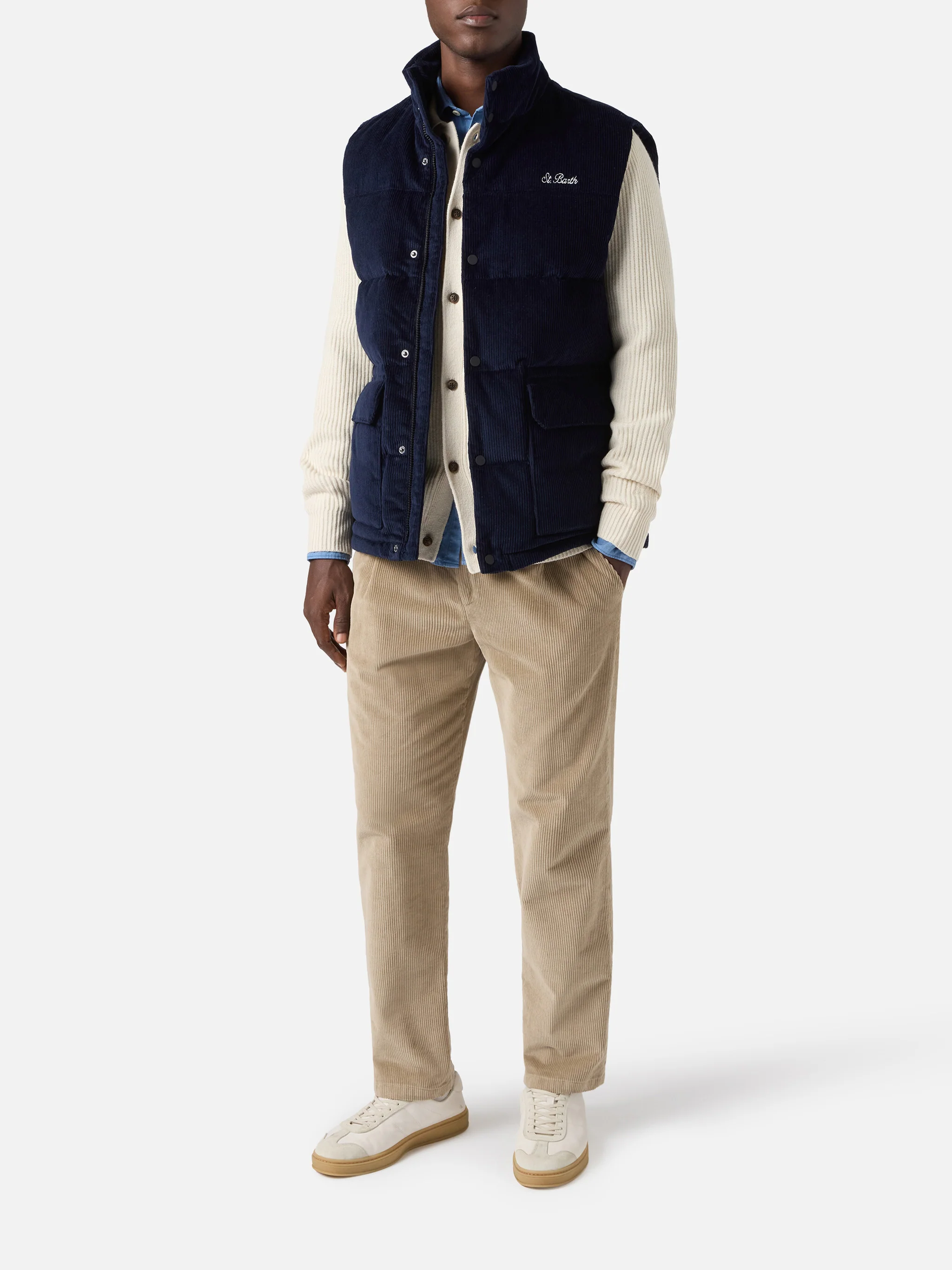 Gilet imbottito in piuma Thunder in corduroy blu navy - Image 2