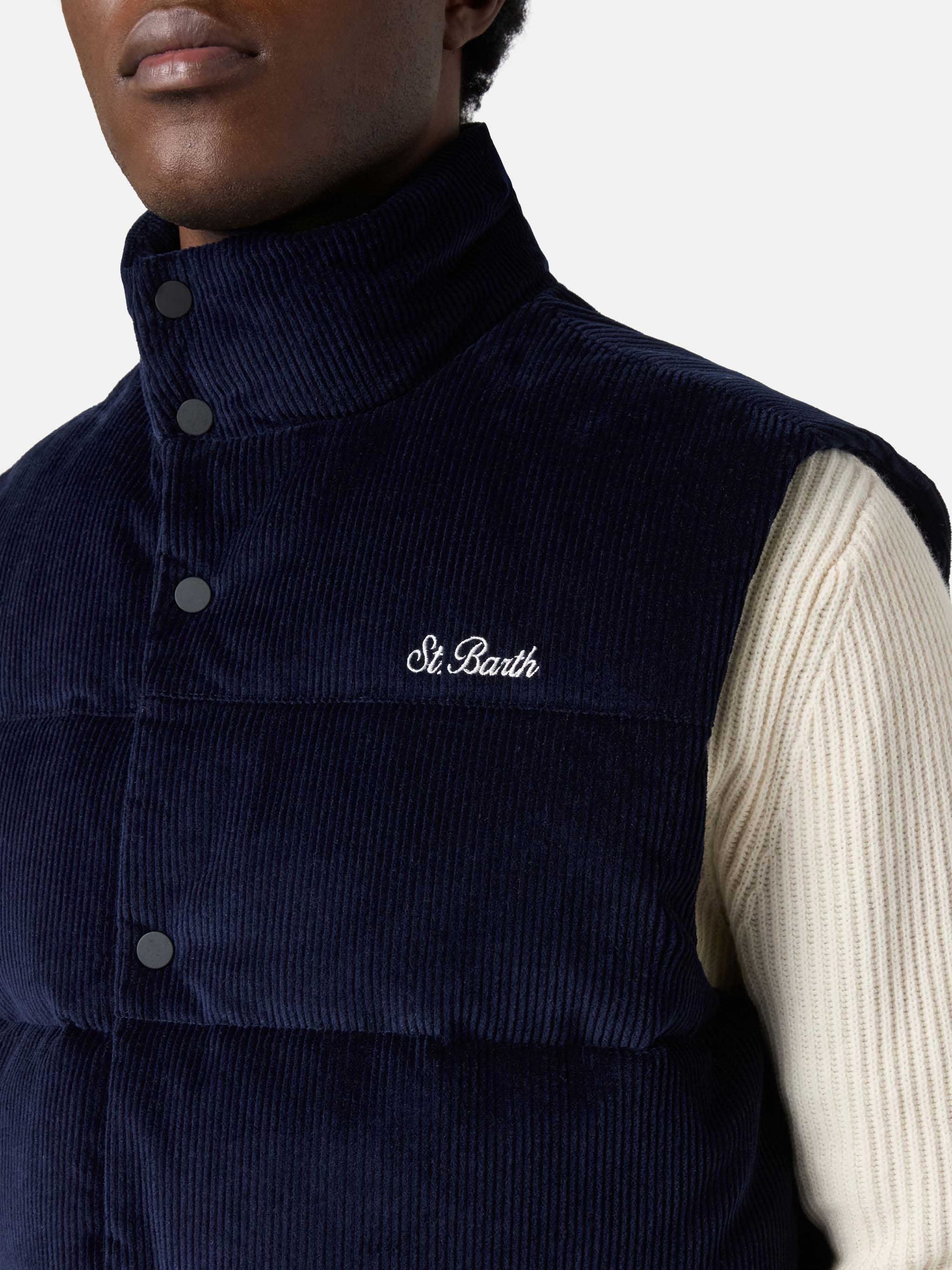 Gilet imbottito in piuma Thunder in corduroy blu navy - Image 3