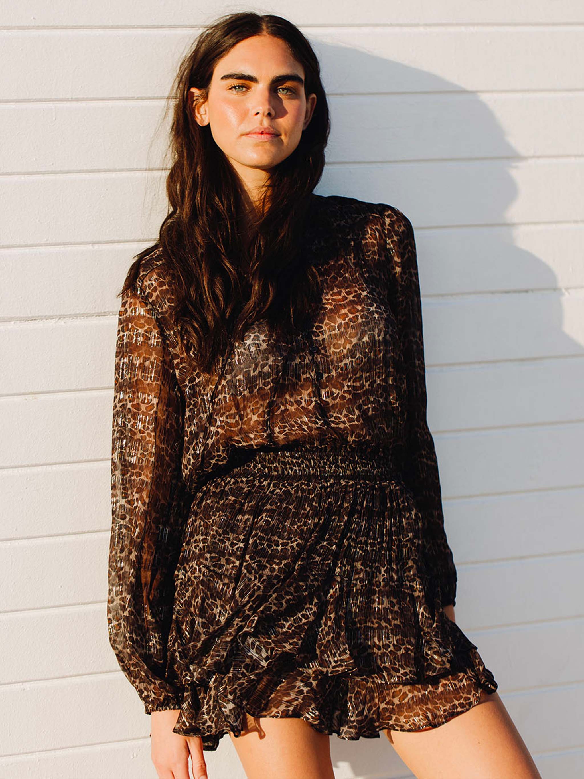 Eivissa mini gonna arricciata in voile di seta lurex con stampa animalier - Image 2