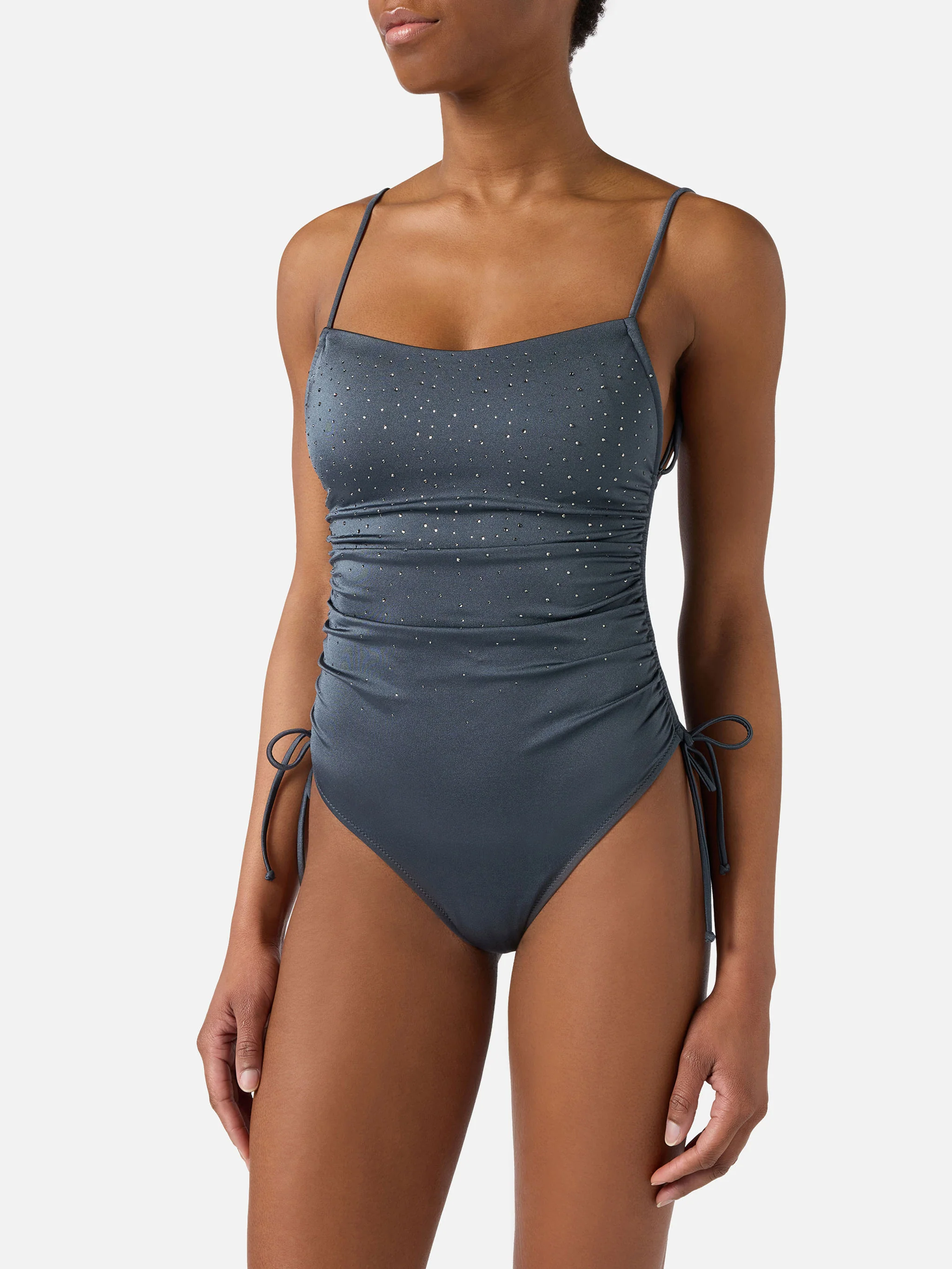 Costume intero Eliya glossy finish grigio scuro con dettaglio strass - Image 2