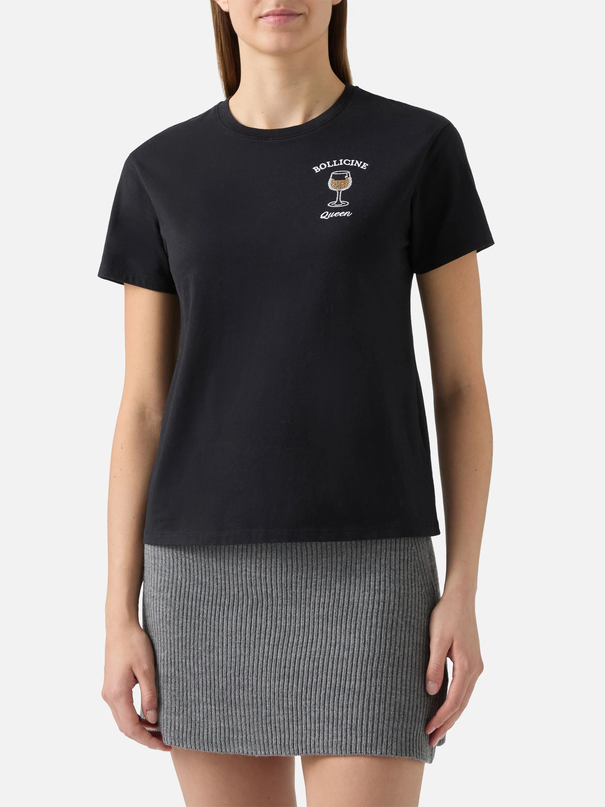 T-shirt Emilie in cotone nero con applicazione in strass Bollicine Queen - Image 2