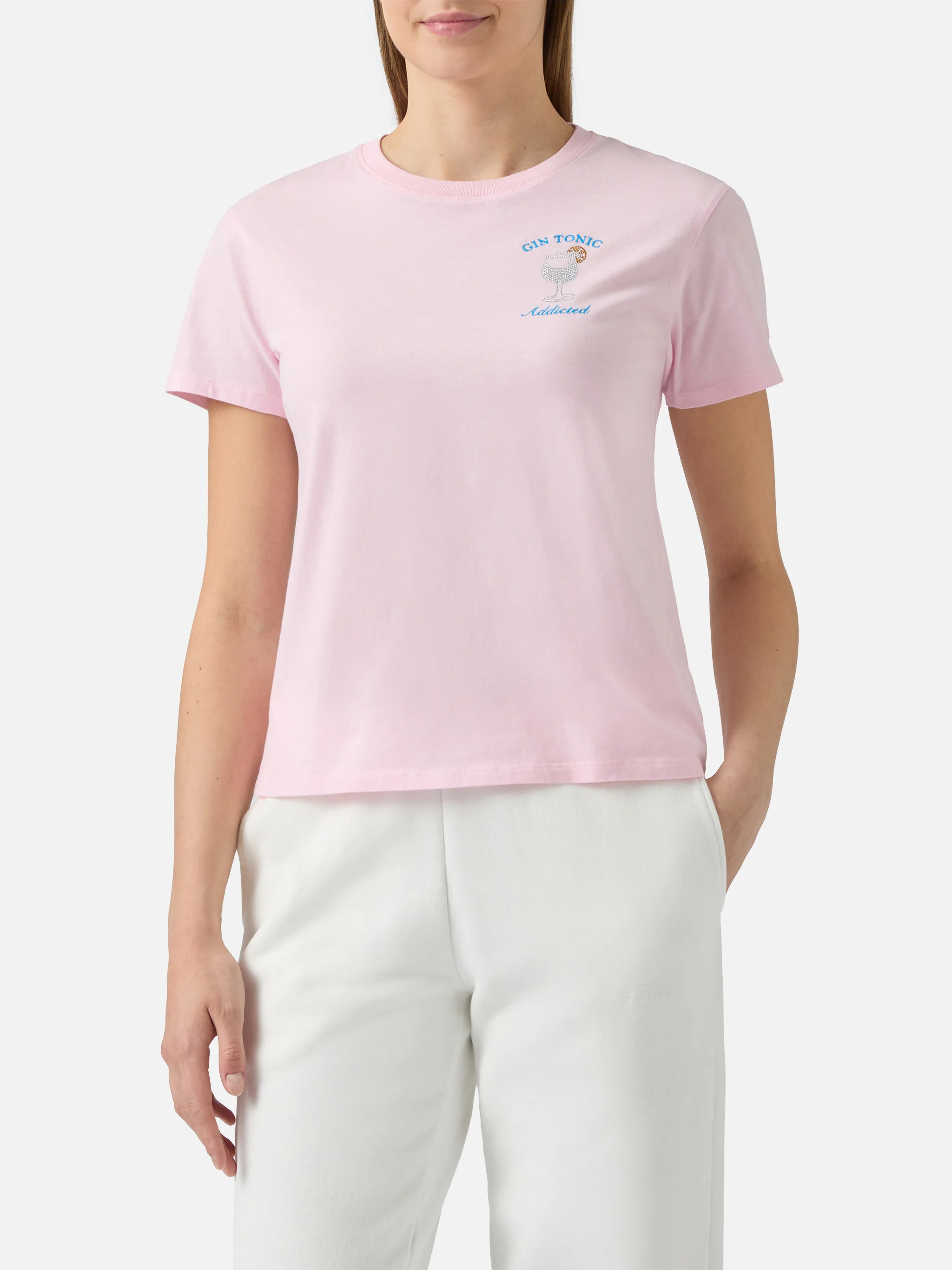 T-shirt Emilie in cotone rosa con applicazione in strass Gin Tonic addicted - Image 2