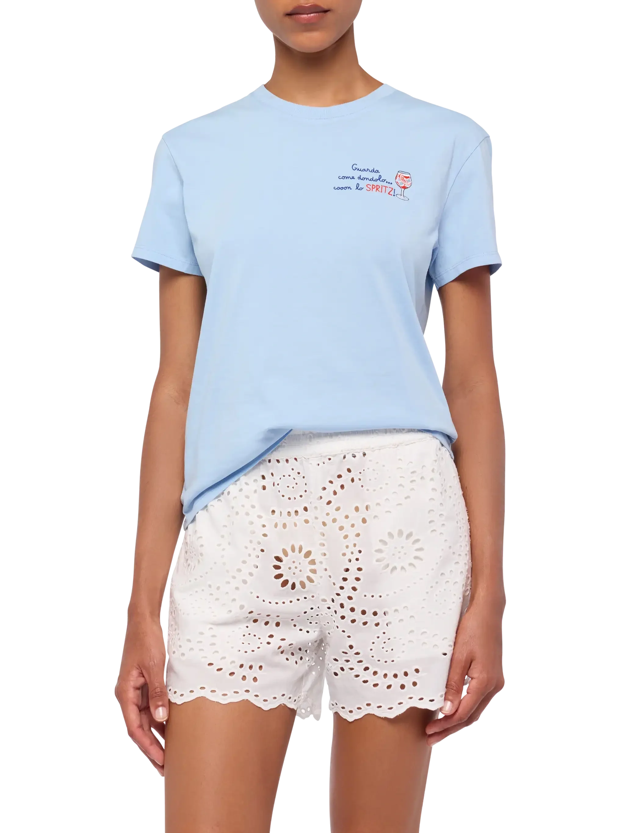 T-shirt Emilie in cotone con ricamo Guarda come dondolo con lo spritz - Image 2