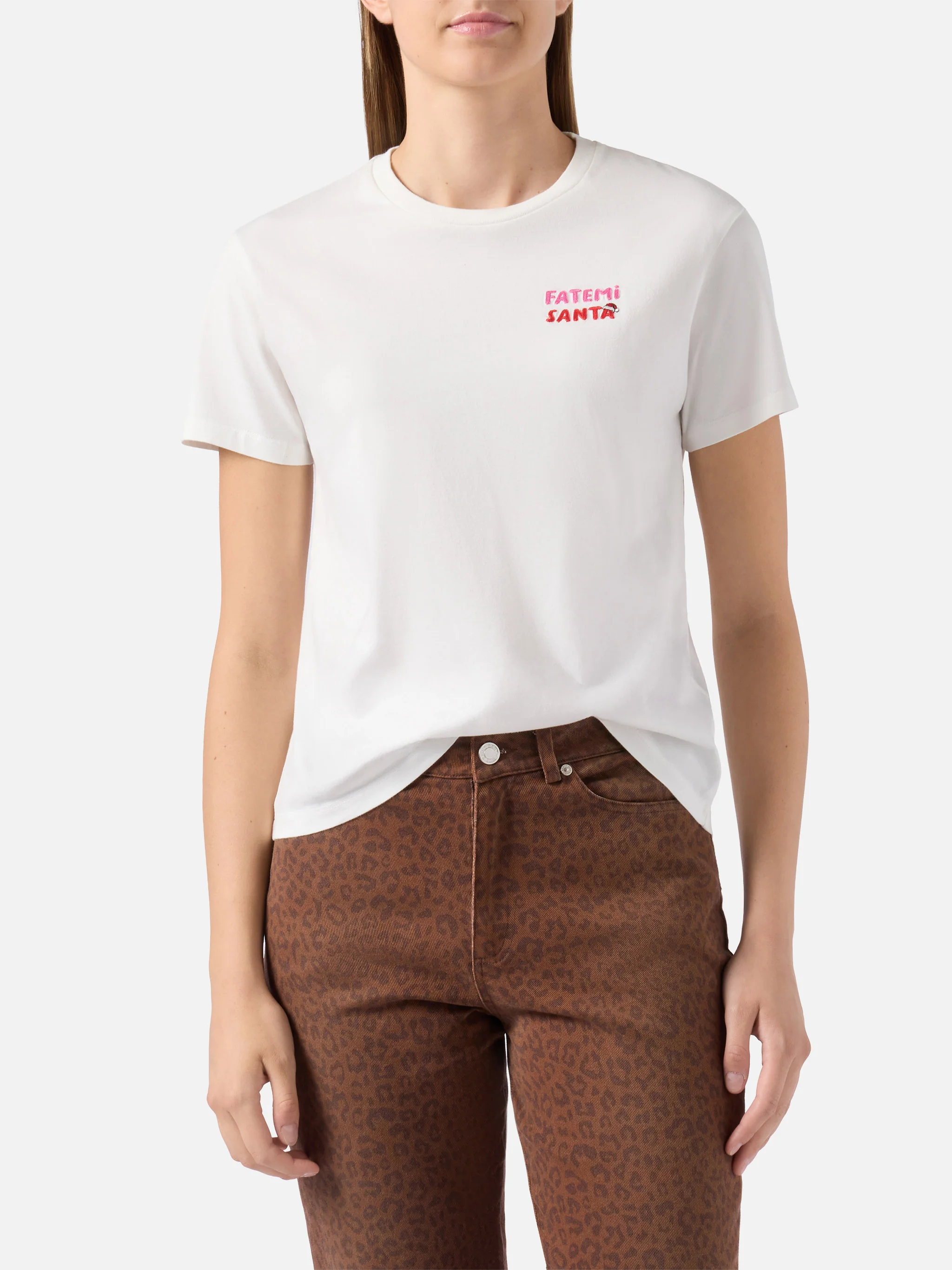 T-shirt Emilie in cotone bianco con ricamo Fatemi Santa - Image 2
