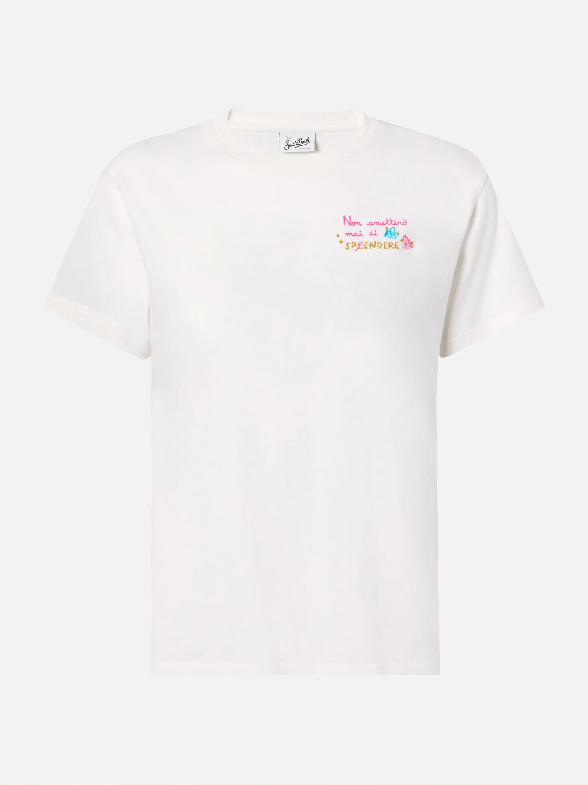 T-shirt Emilie in cotone bianco con ricamo Non smetterò mai di Sp(l)endere - Image 4