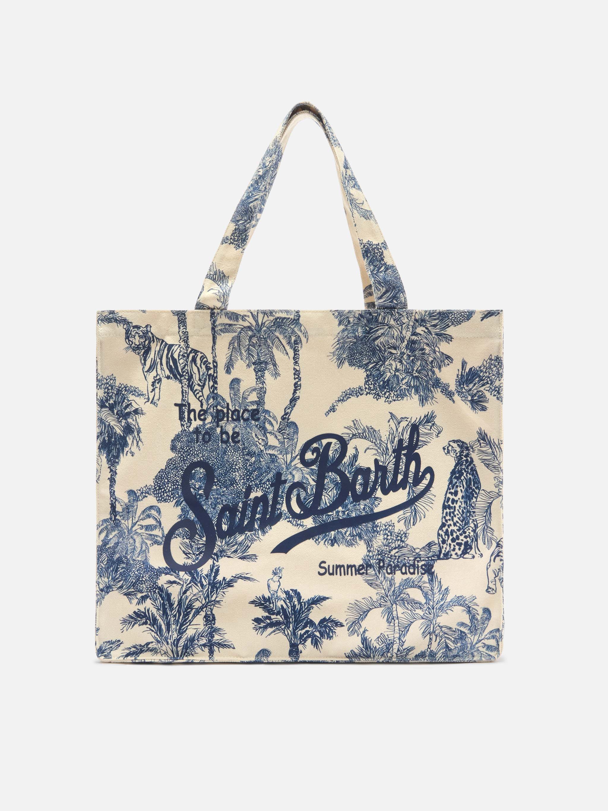Borsa Essential in canvas con stampa toile de jouy blu e logo stampato