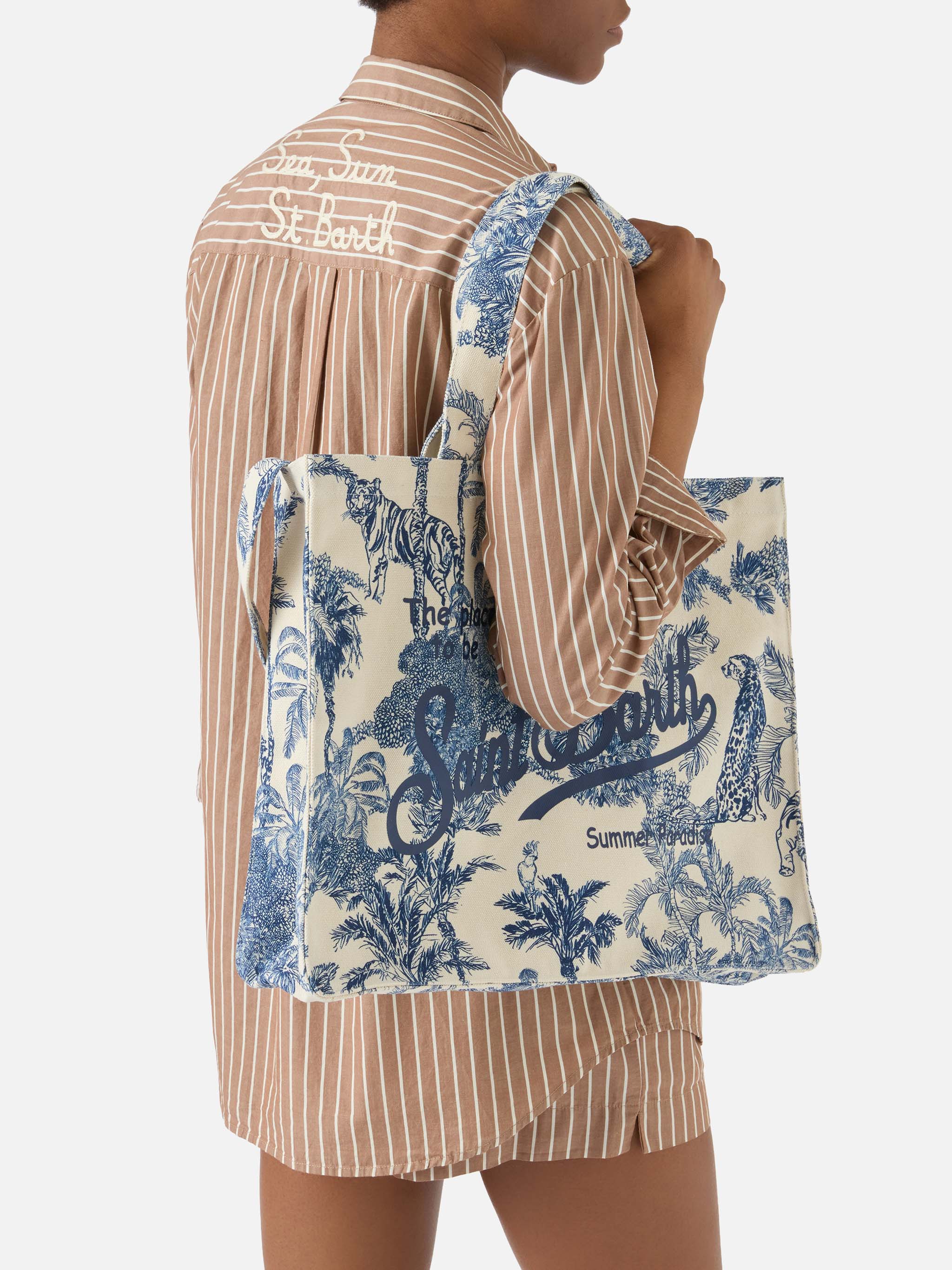 Borsa Essential in canvas con stampa toile de jouy blu e logo stampato - Image 2
