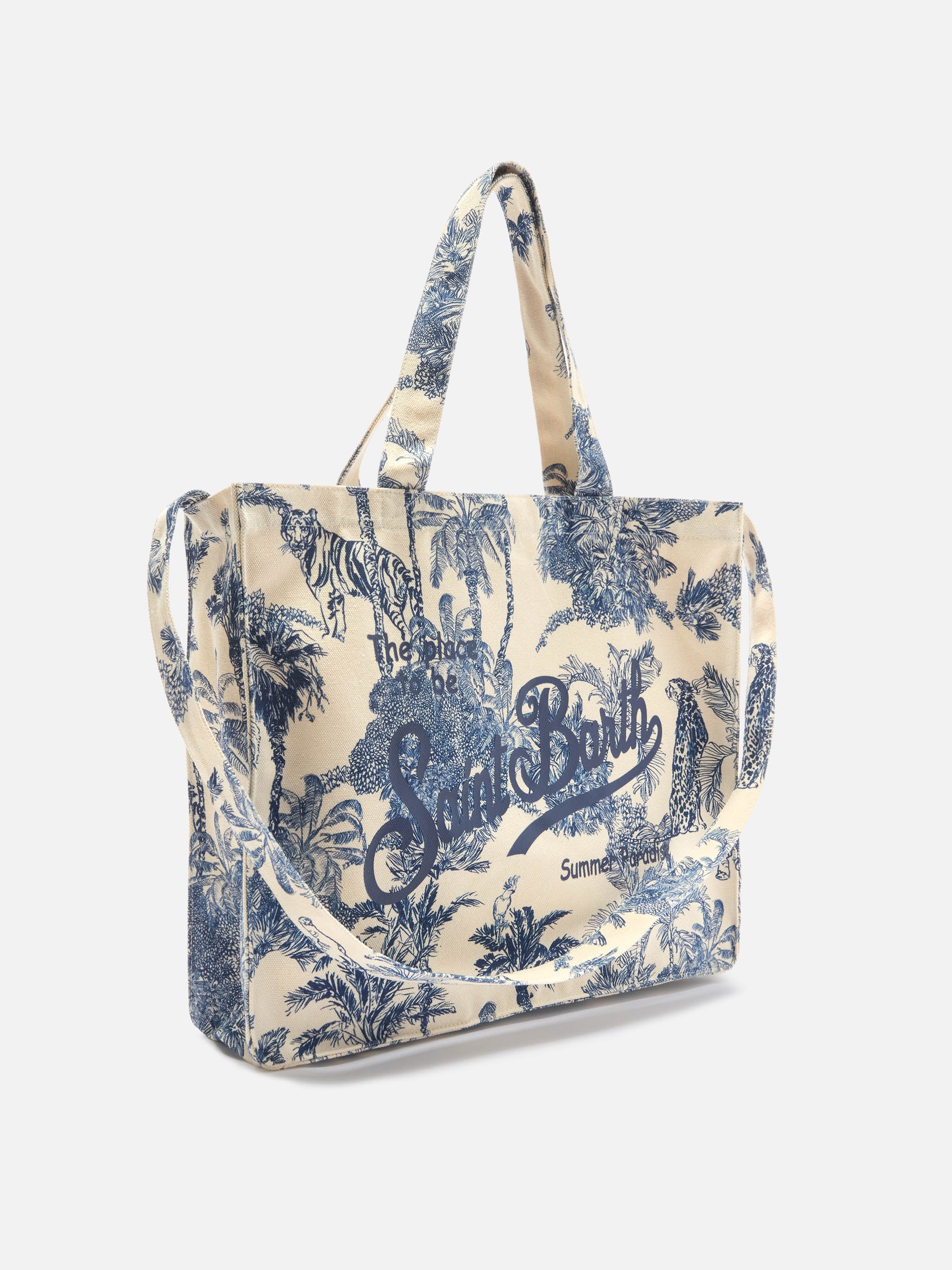 Borsa Essential in canvas con stampa toile de jouy blu e logo stampato - Image 3
