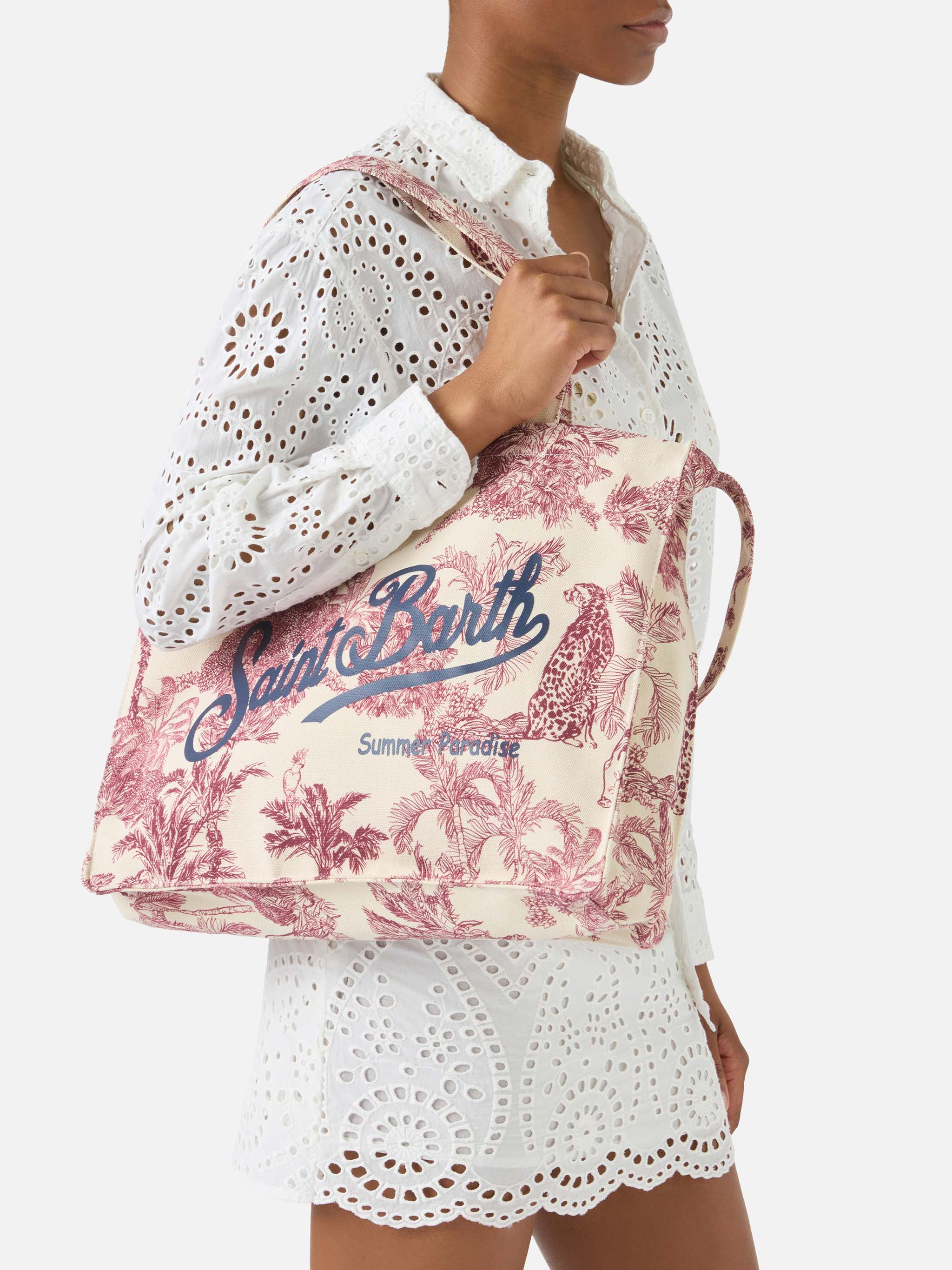 Borsa Essential in canvas con stampa toile de jouy bordeaux e logo stampato - Image 2