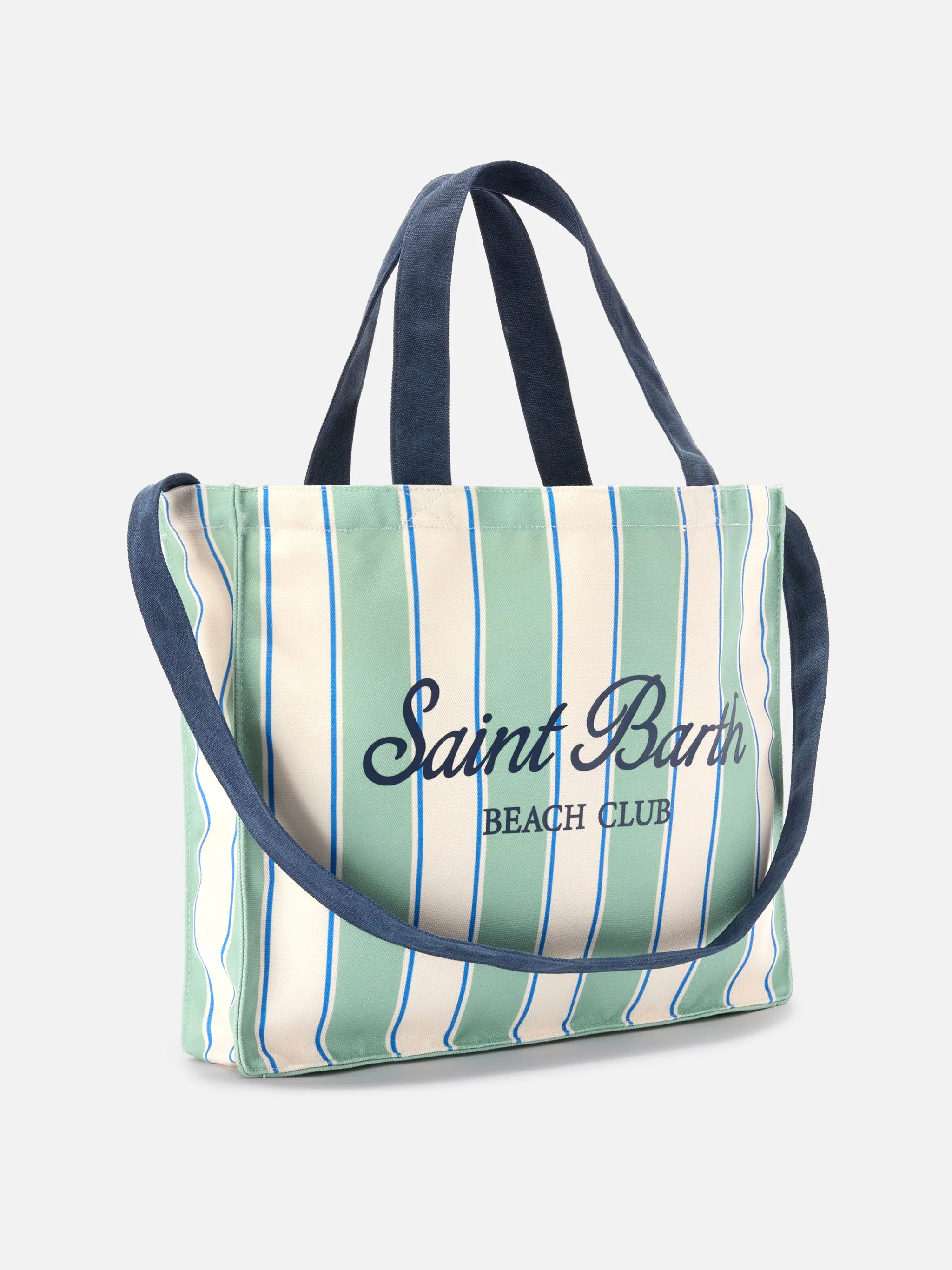 Borsa Essential in canvas a righe verdi, azzurre e bianche con logo a contrasto - Image 3
