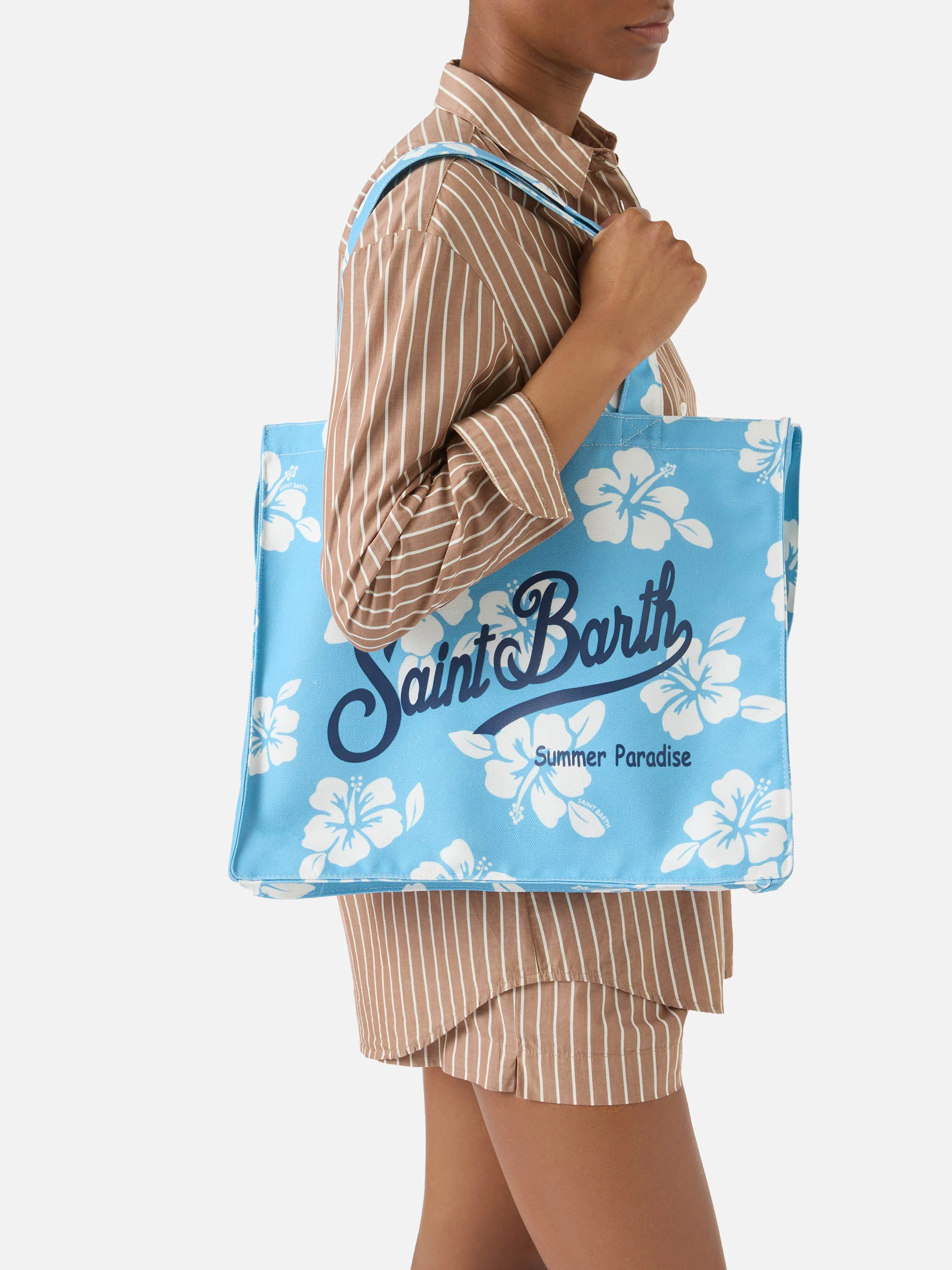 Borsa Essential in canvas con stampa hibiscus azzurra e logo a contrasto - Image 2