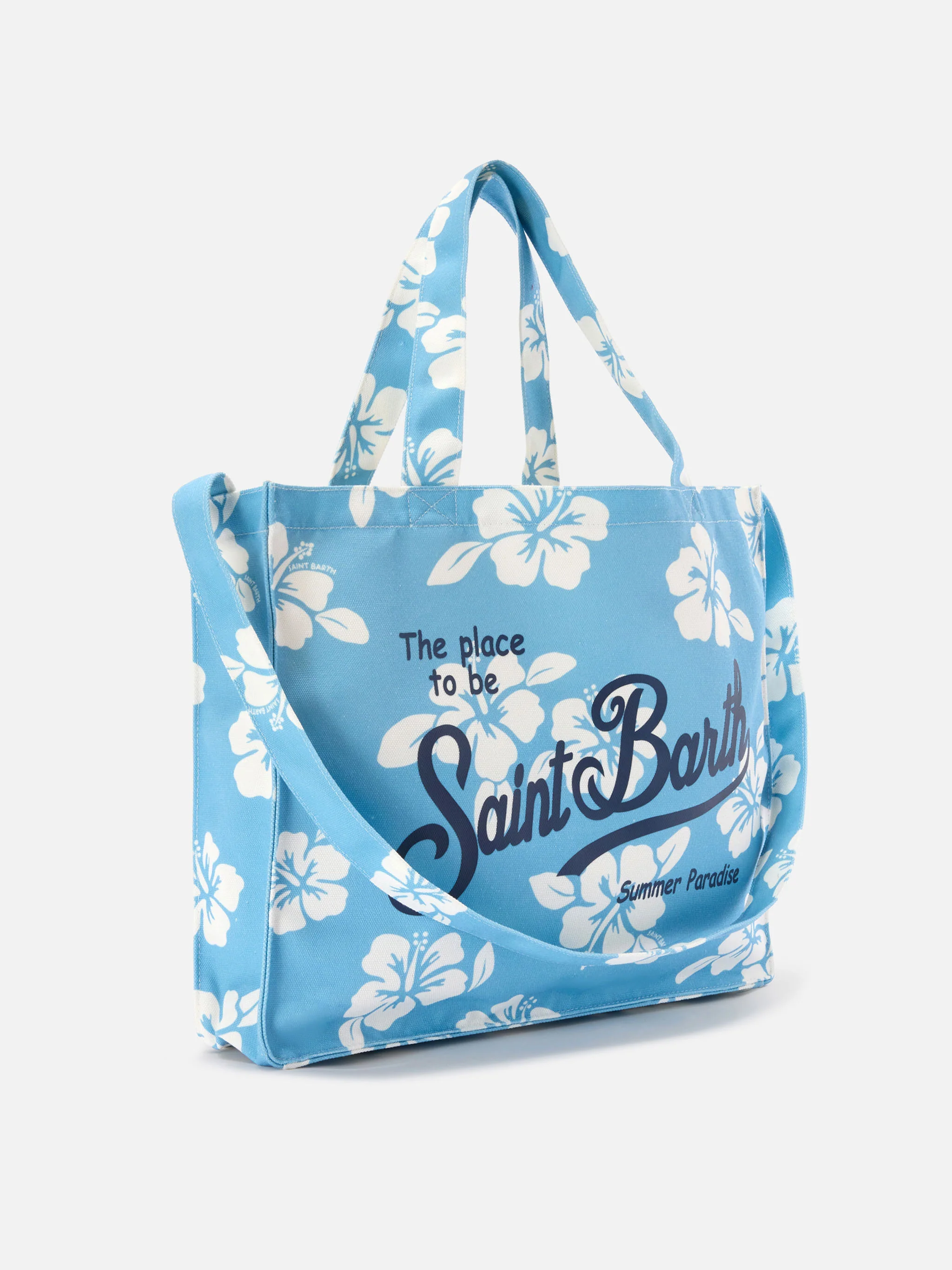 Borsa Essential in canvas con stampa hibiscus azzurra e logo a contrasto - Image 3