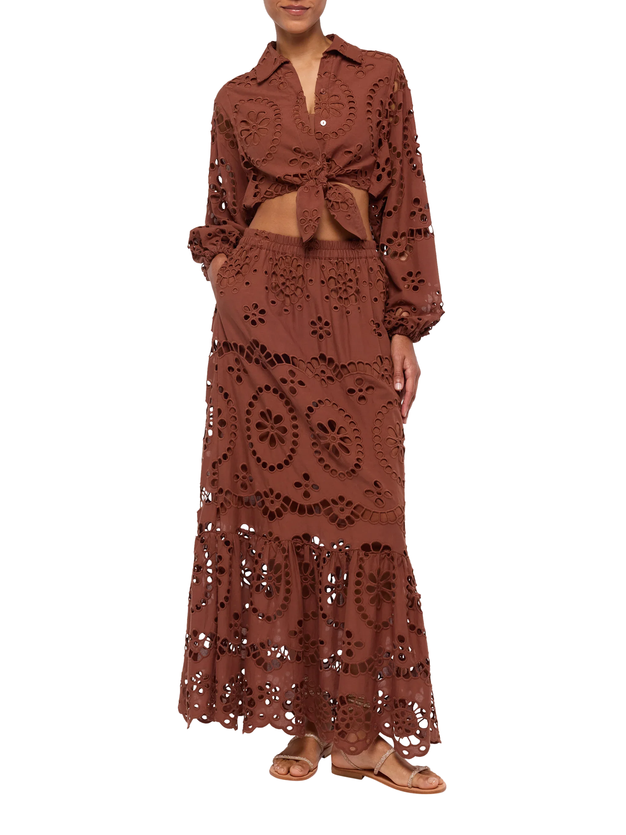 Camicia in Sangallo di cotone marrone cammello Febe - Image 5