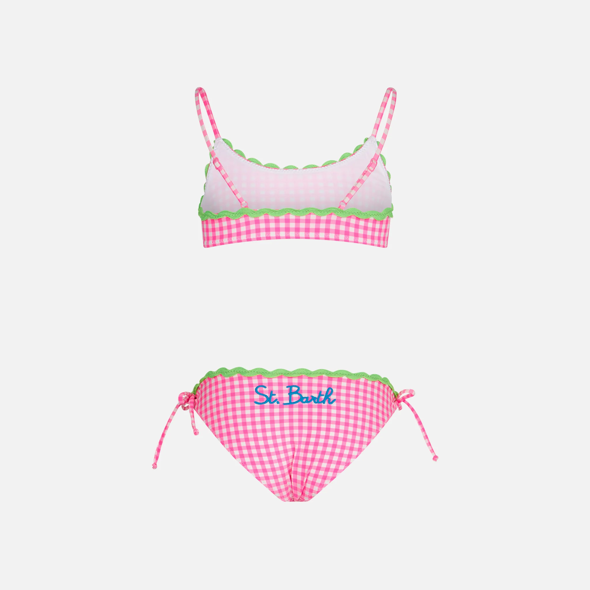 Bikini da bambina a bralette con fantasia Vichy bianca e fucsia - Image 2