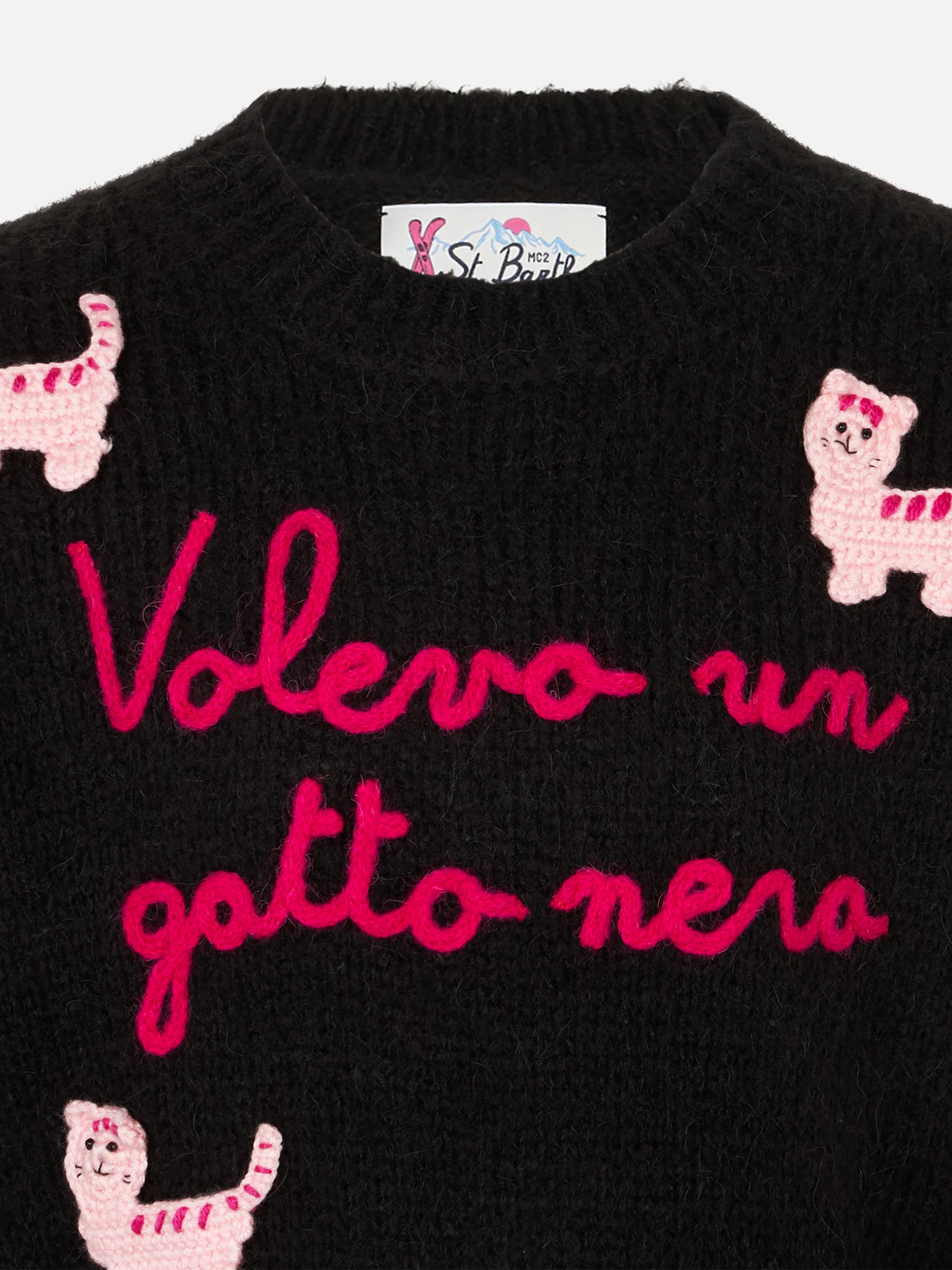 Maglione morbido a girocollo da bambina con patch gatti all'uncinetto e ricamo Volevo un Gatto Nero - Image 2
