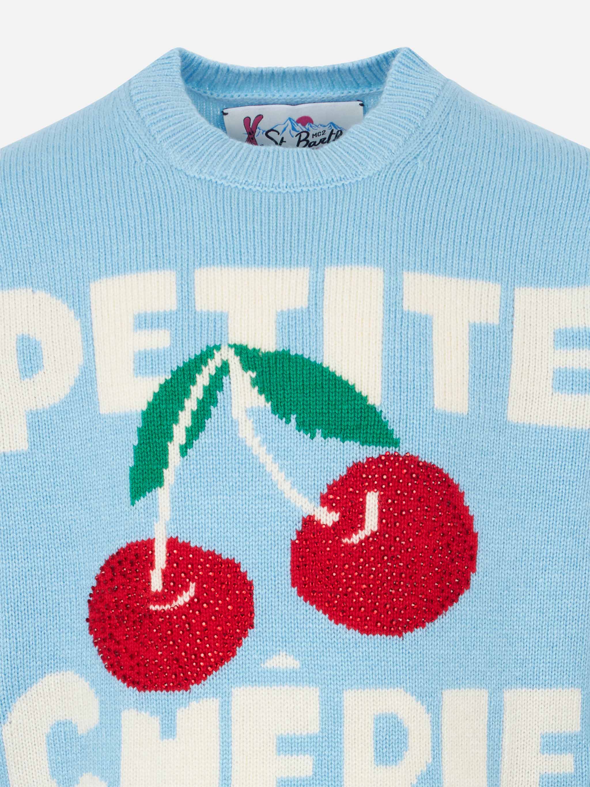 Maglione da bambina a girocollo con stampa ciliegie strass - Image 2