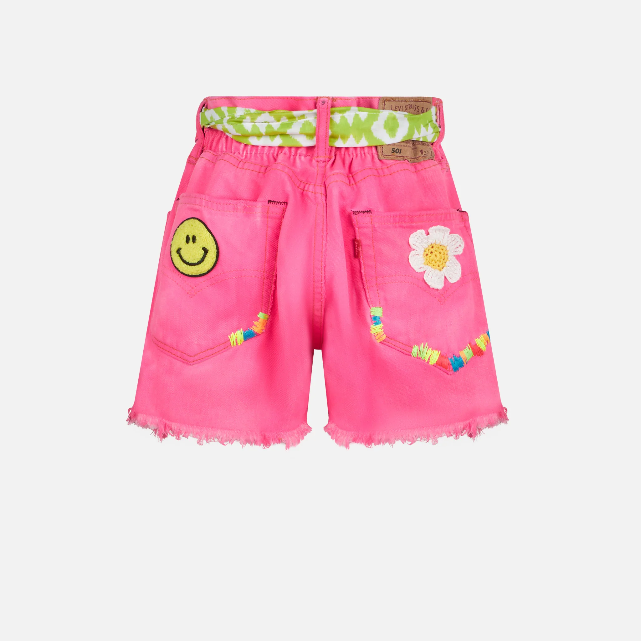 Pantaloncini da bambina in denim riciclato rosa fluo con ricami - Image 2