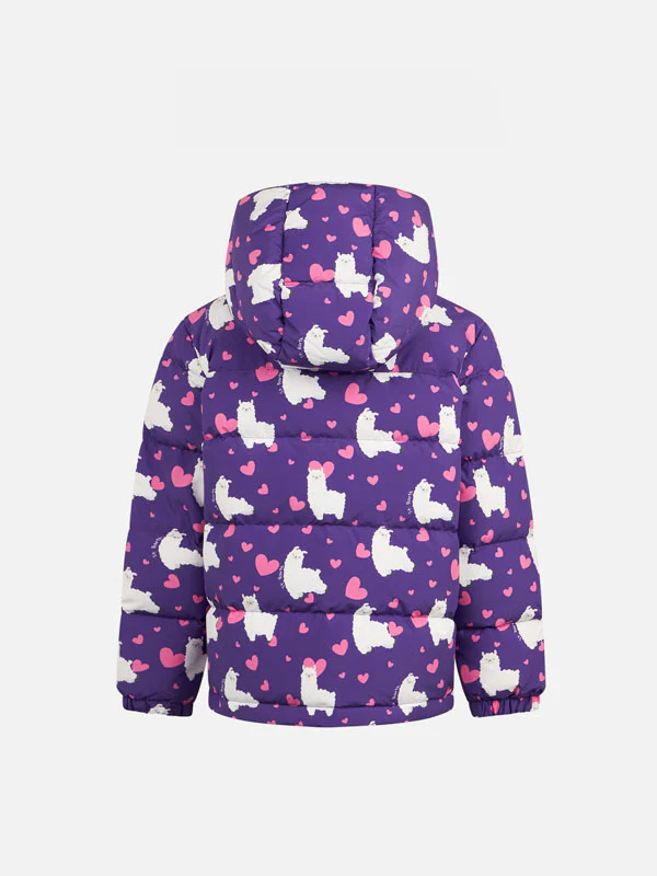 Piumino da bambina imbottito con cappuccio con stampa alpaca e cuori - Image 2