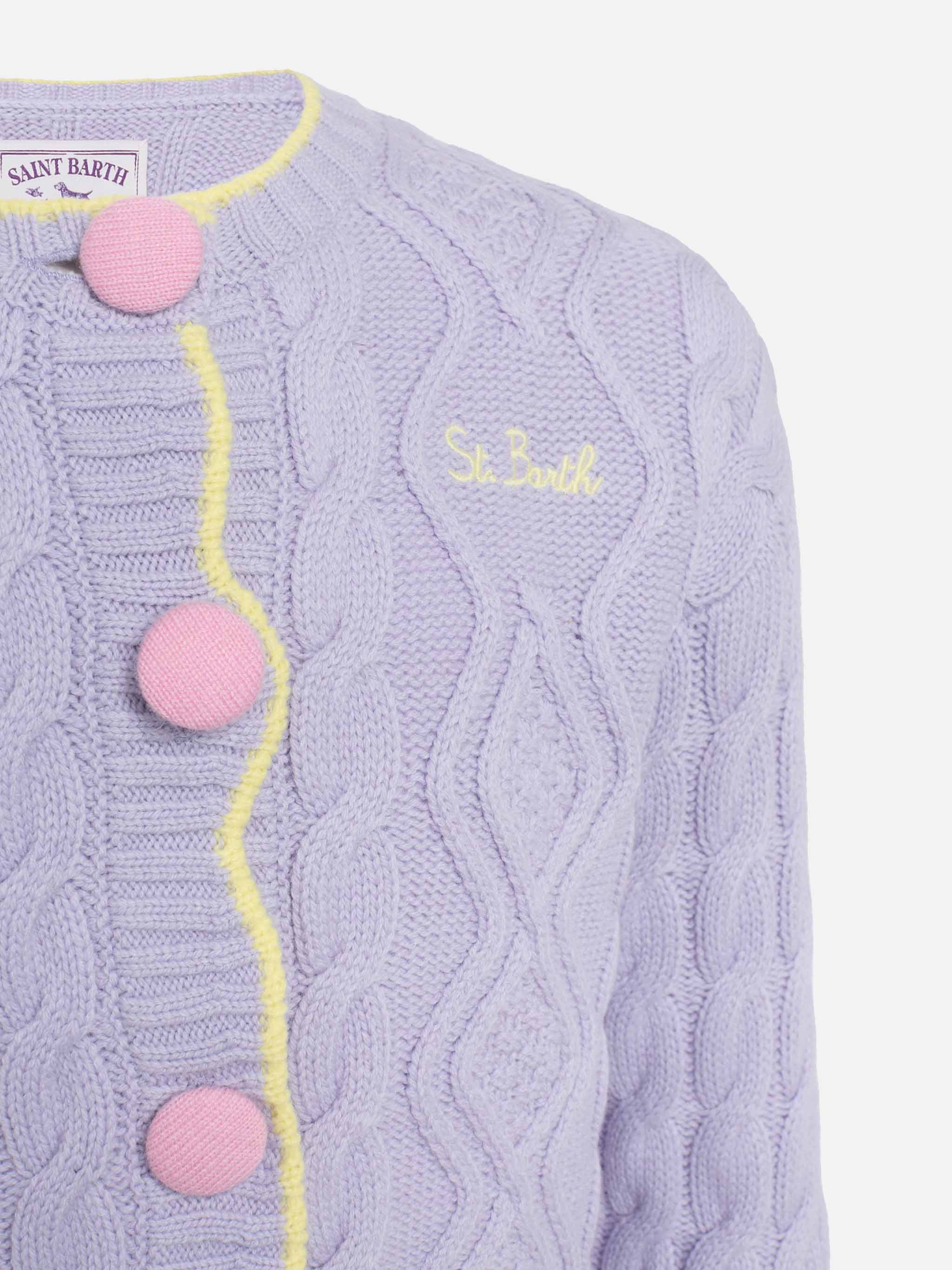 Cardigan Mallery in maglia ondulata lilla da bambina con bottoni e dettagli a contrasto - Image 3