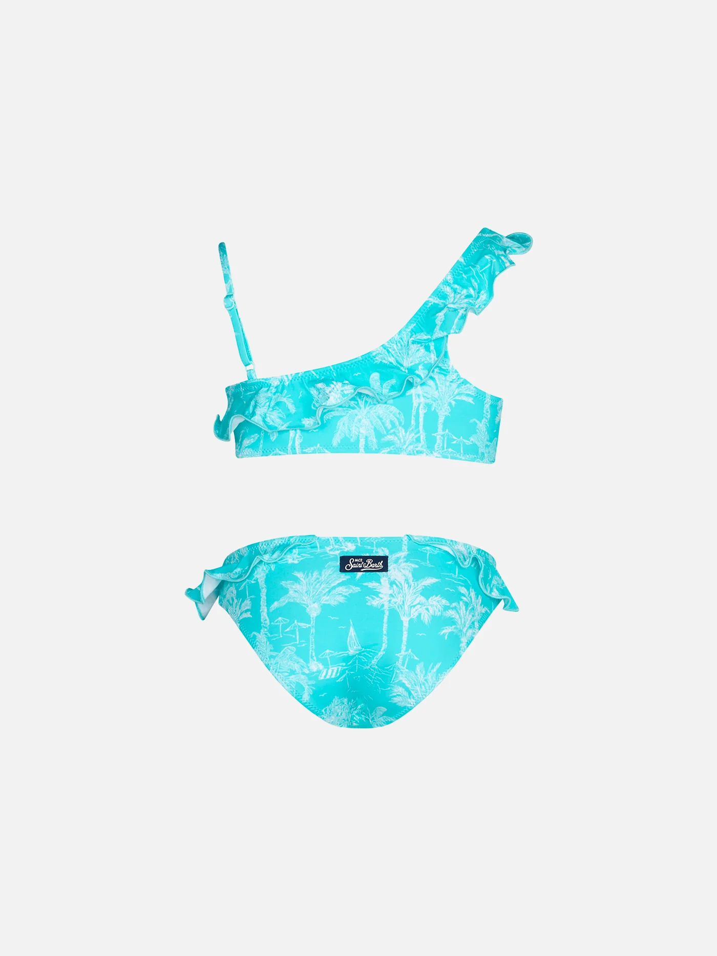 Bikini da bambina monospalla in toile de jouy con volant - Image 2