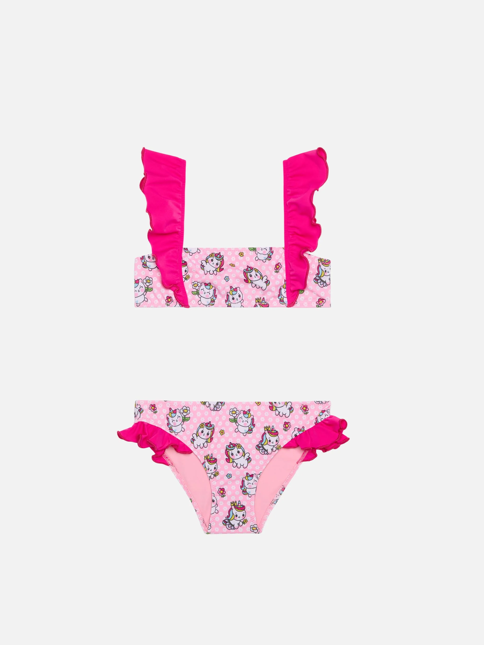 Bikini da bambina a fascia con volant e stampa unicorni