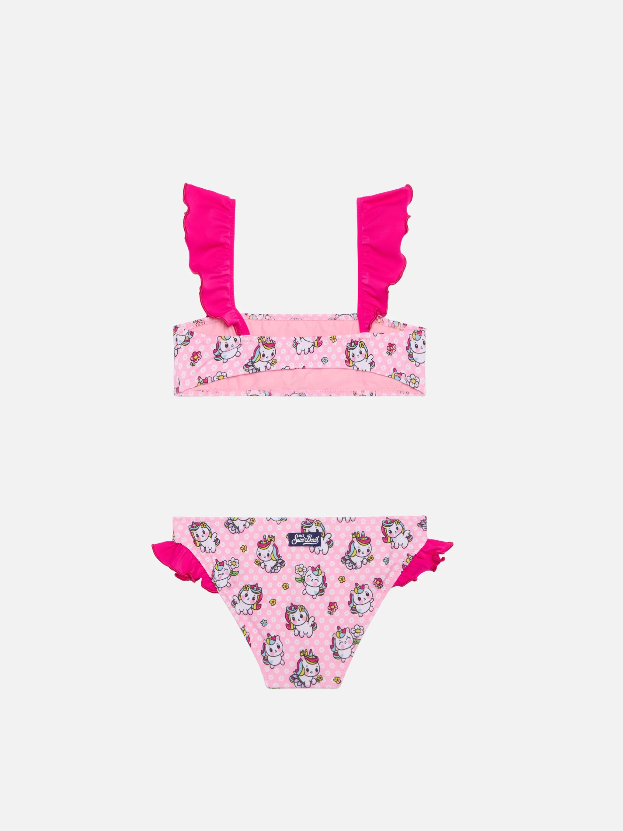 Bikini da bambina a fascia con volant e stampa unicorni - Image 2