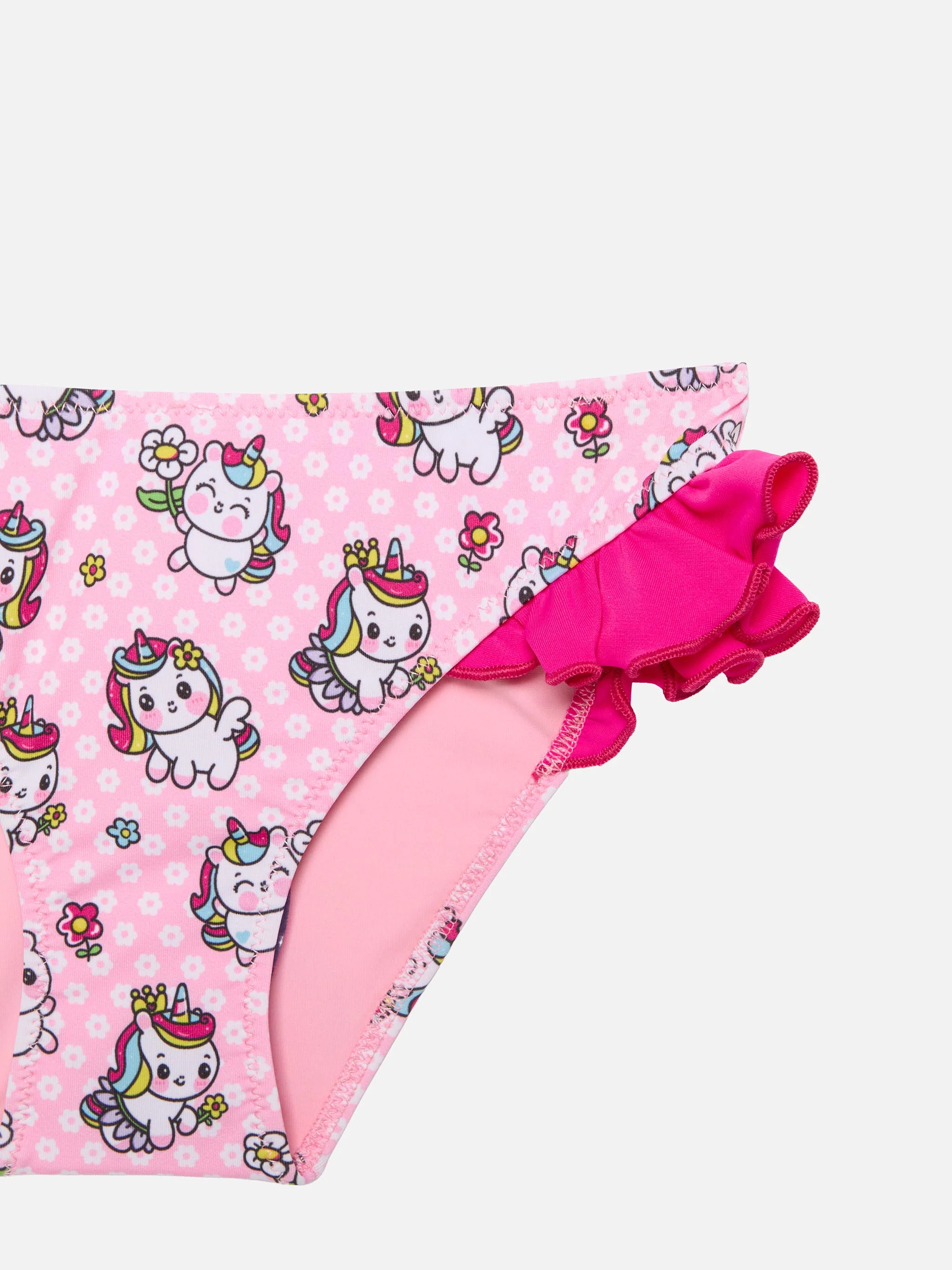 Bikini da bambina a fascia con volant e stampa unicorni - Image 3