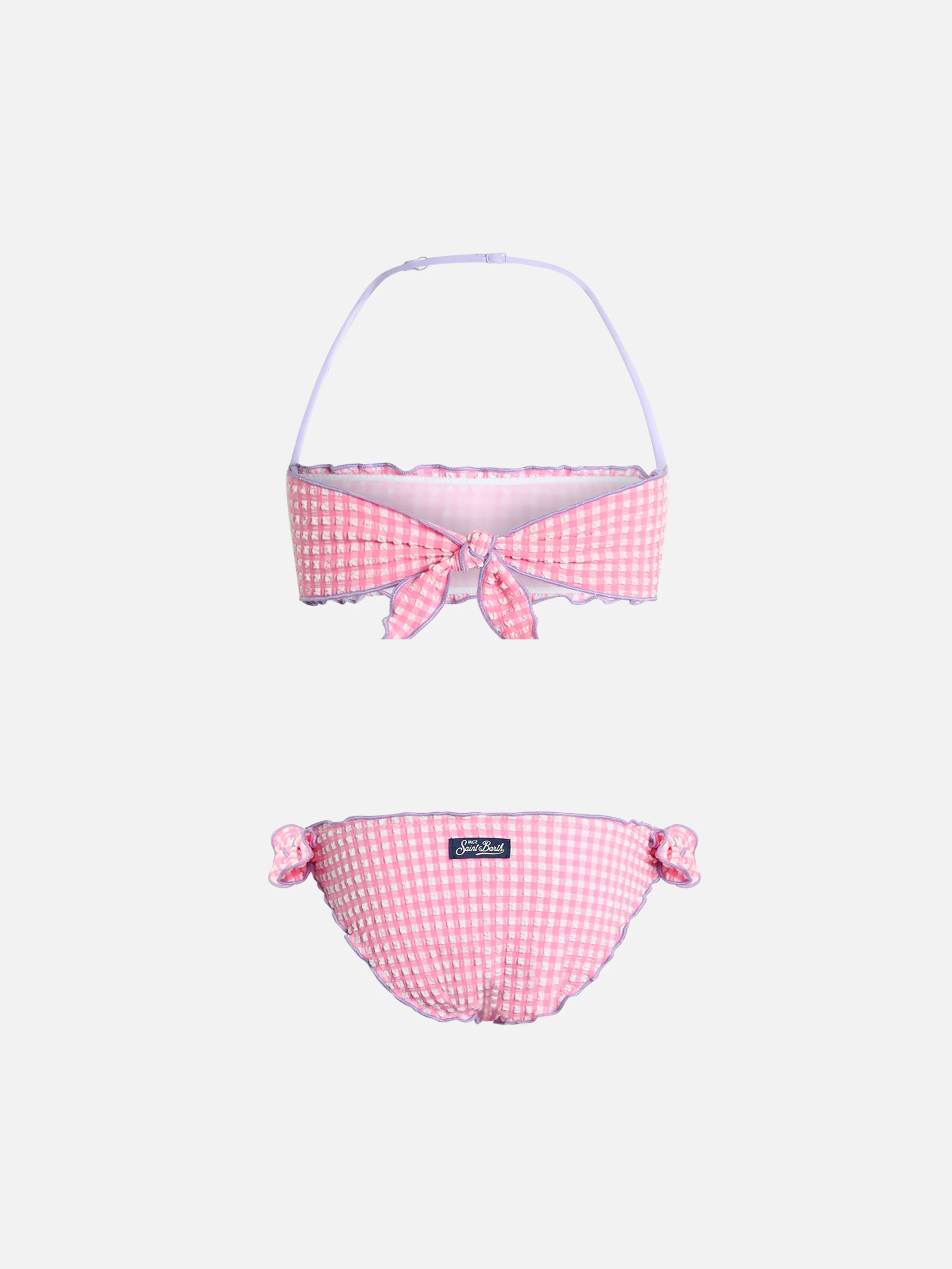Bikini classico a fascia da bambina Emy in seersucker con stampa a quadretti - Image 2