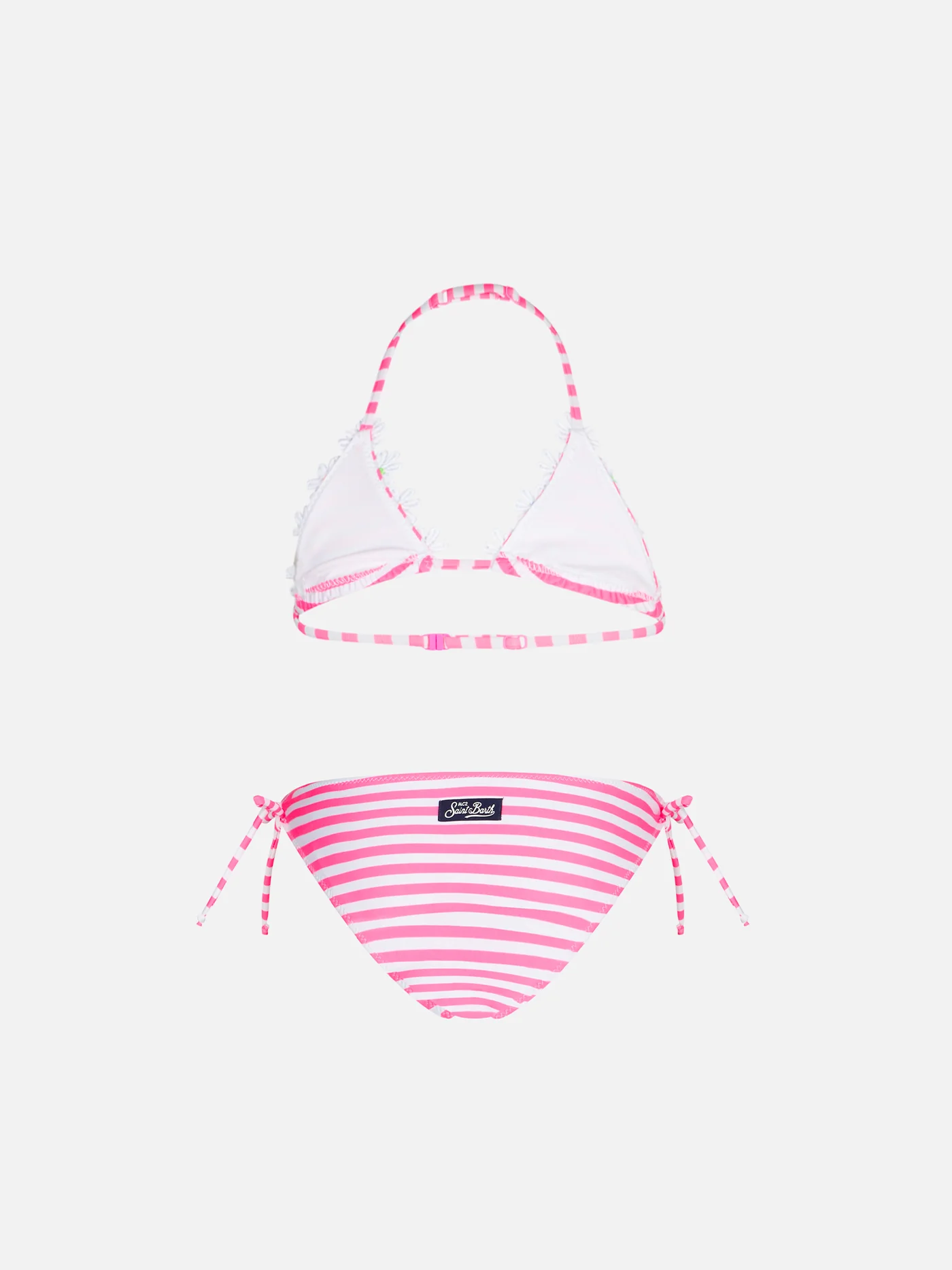 Bikini da bambina a triangolo con righe rosa fluo - Image 2