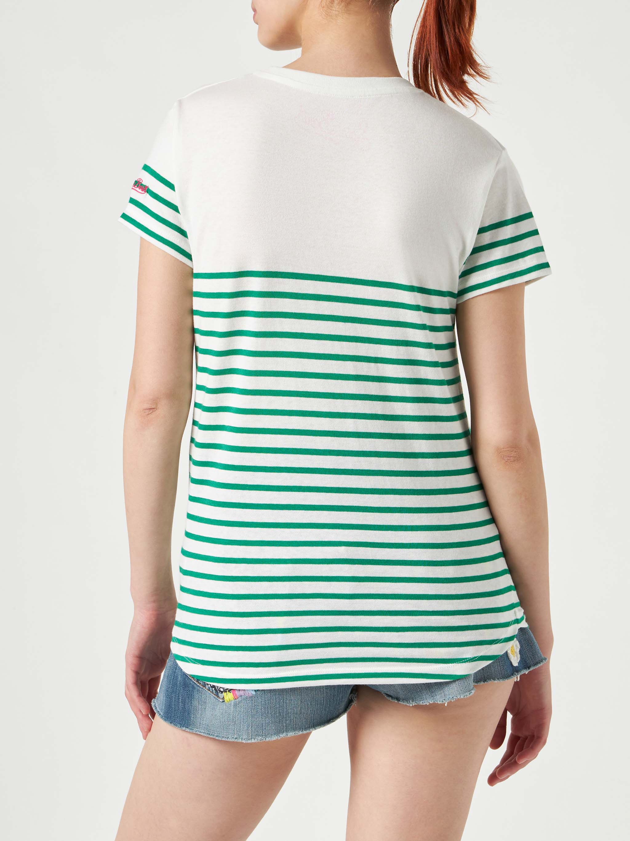 T-shirt in cotone a righe verdi con ricamo St. Barth - Image 3