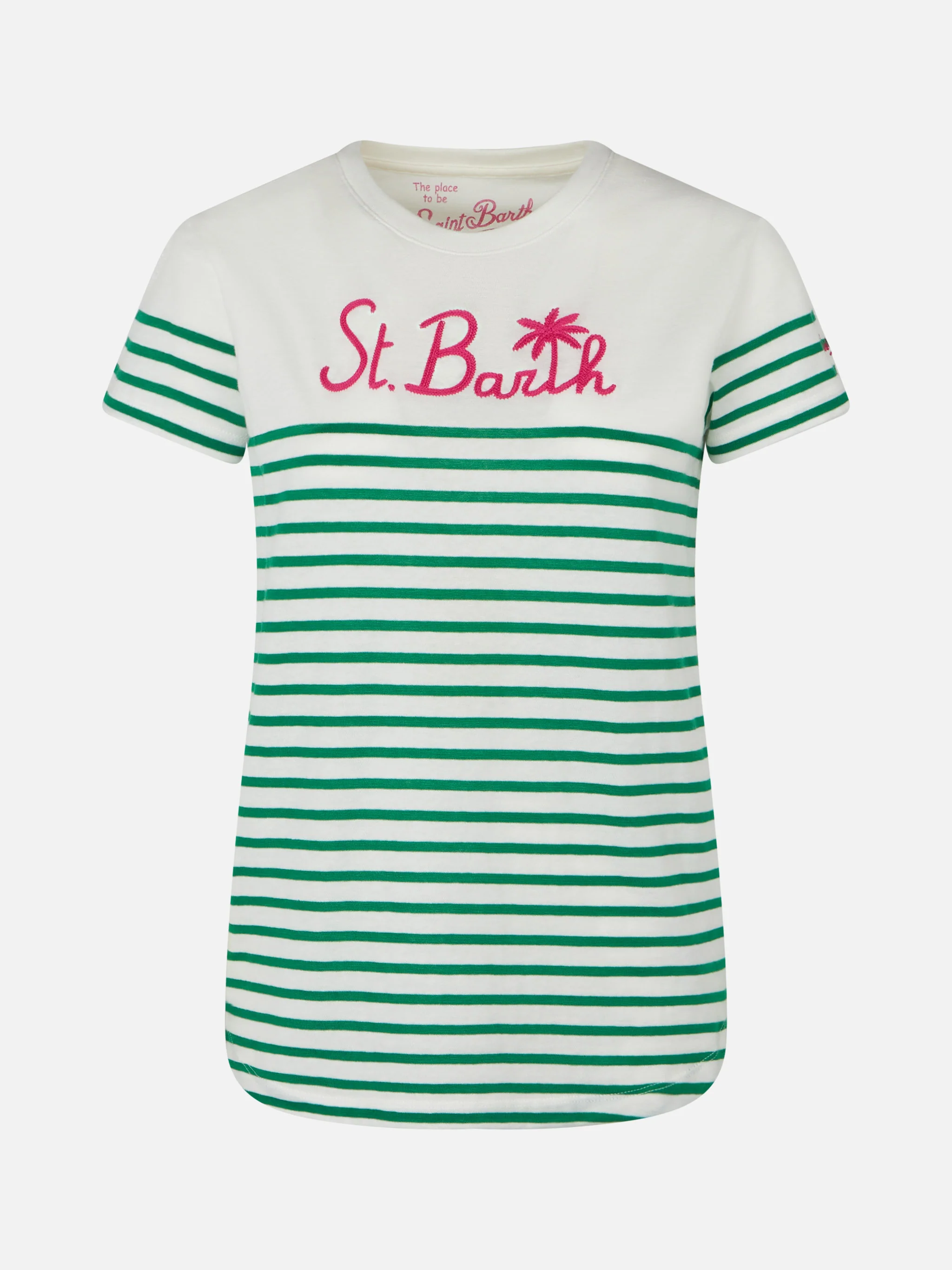 T-shirt in cotone a righe verdi con ricamo St. Barth - Image 4