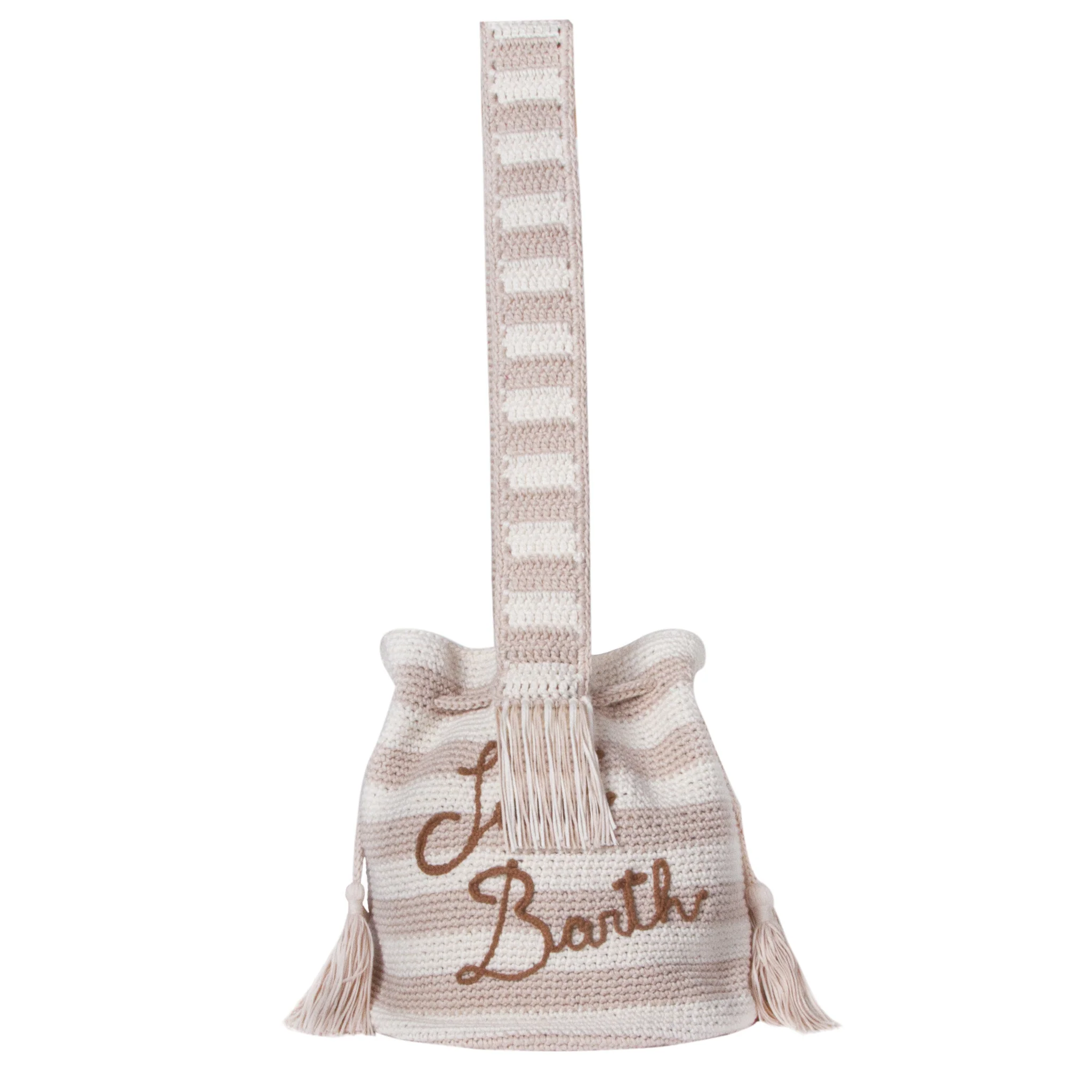Borsa secchiello Crochet Bucket crochet a righe beige e bianche - Image 3