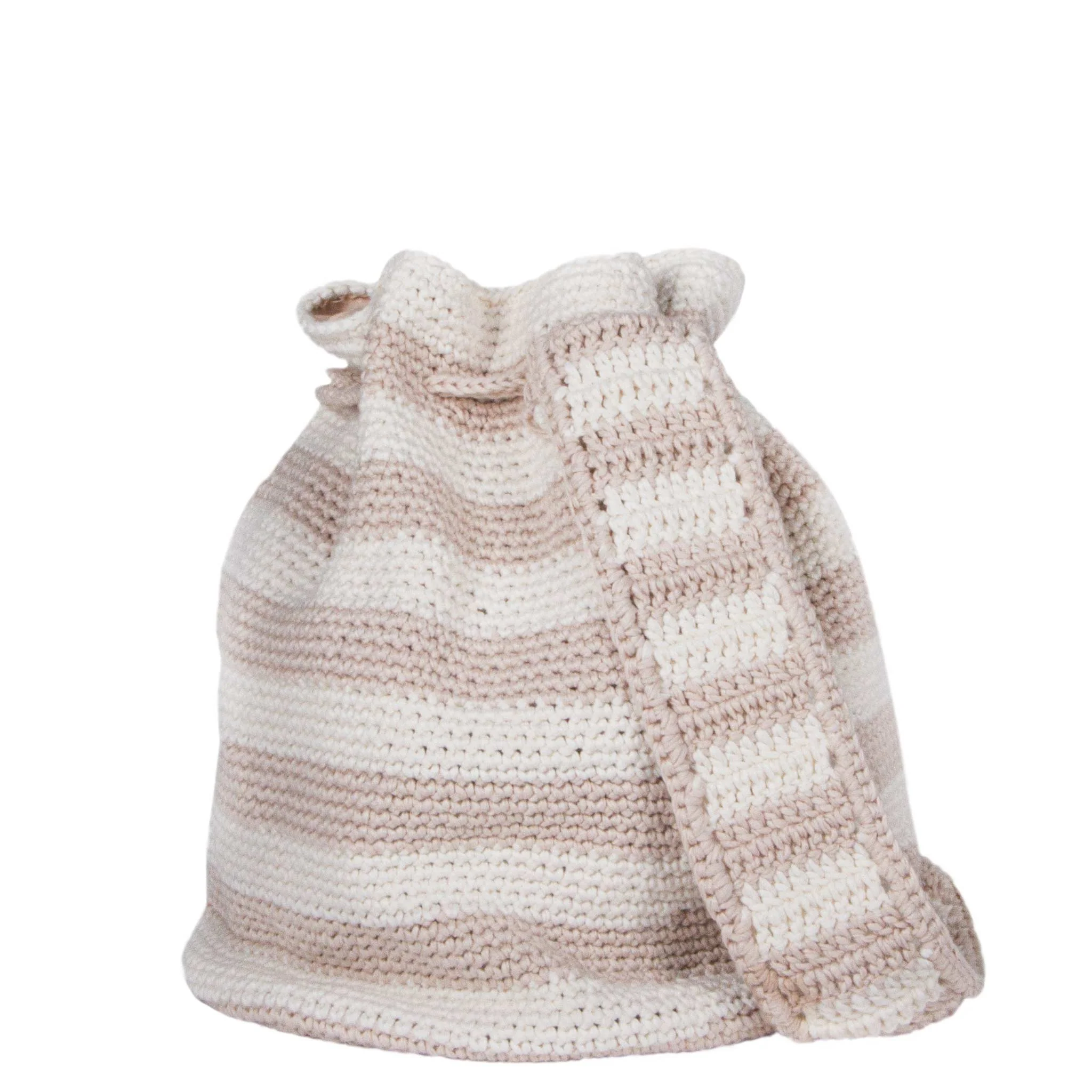 Borsa secchiello Crochet Bucket crochet a righe beige e bianche - Image 4