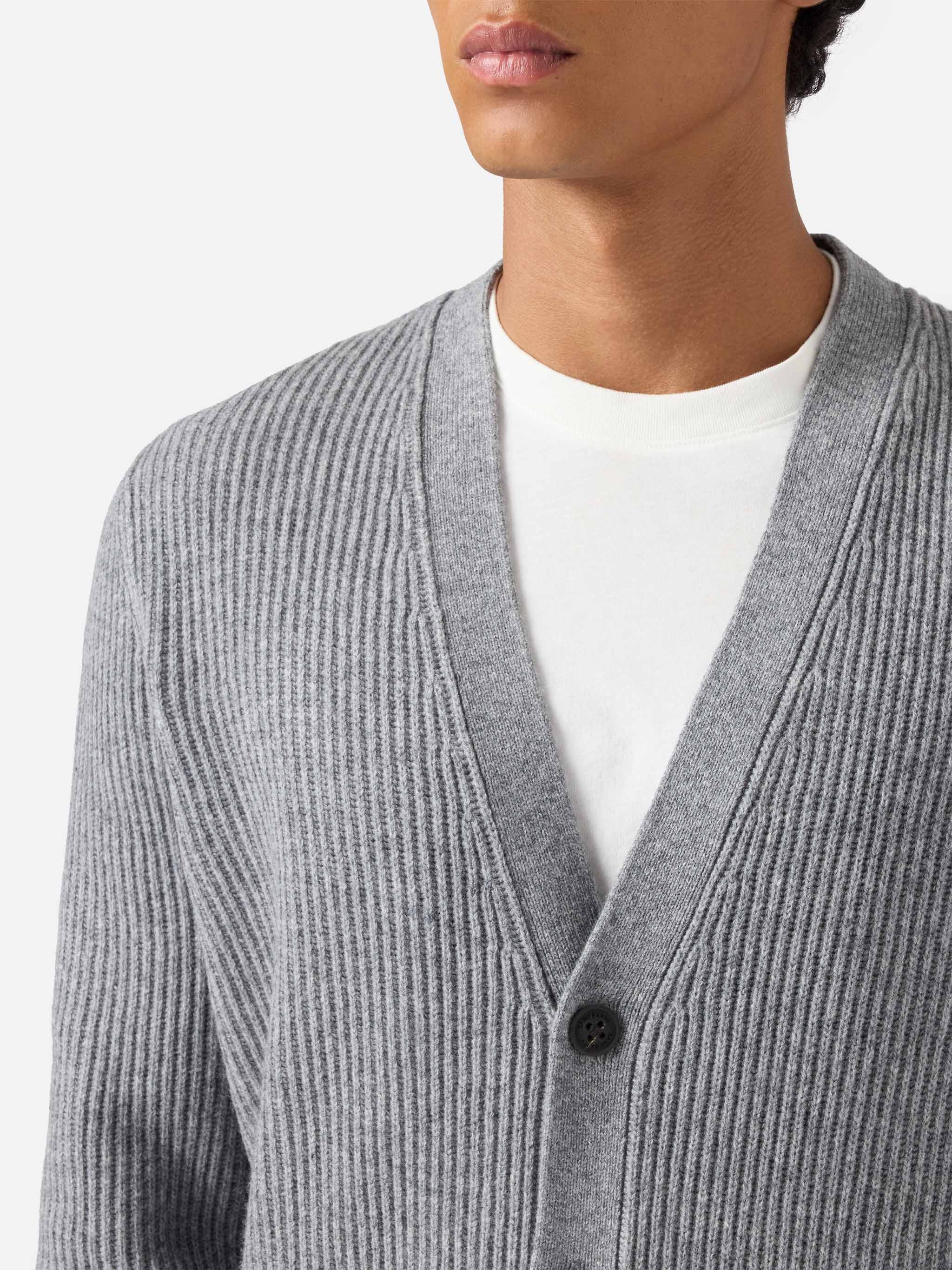 Cardigan Herrison in pura lana grigio melange a coste inglesi - Image 2