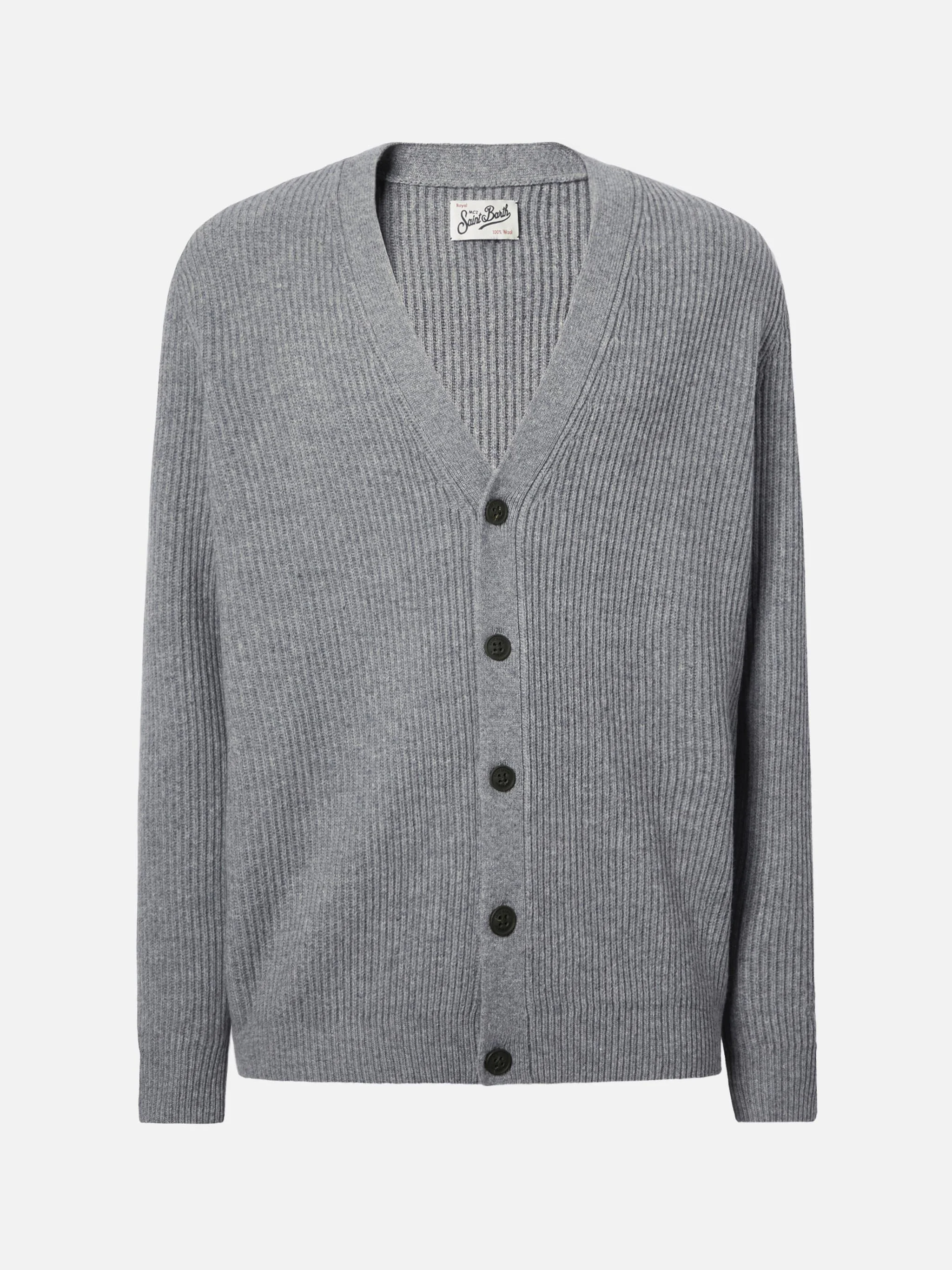 Cardigan Herrison in pura lana grigio melange a coste inglesi - Image 5