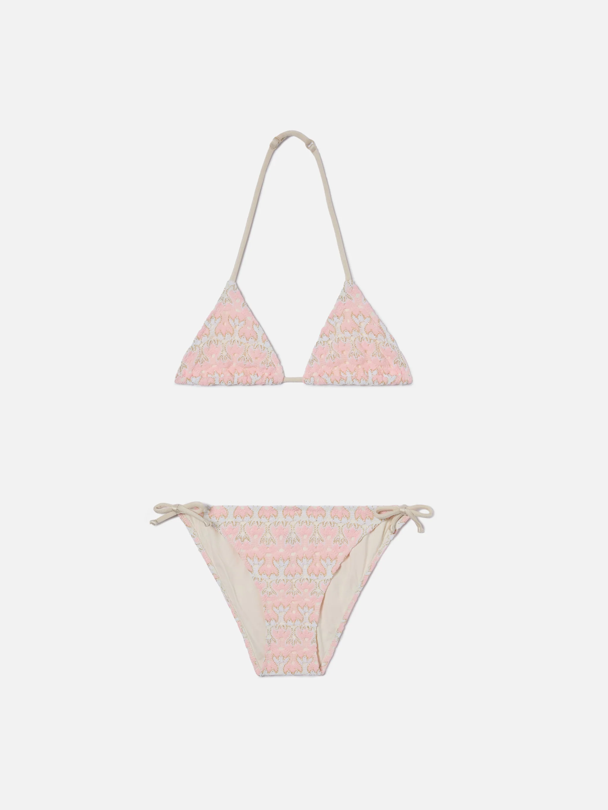 Bikini Holly rosa e panna in tessuto raschel floreale