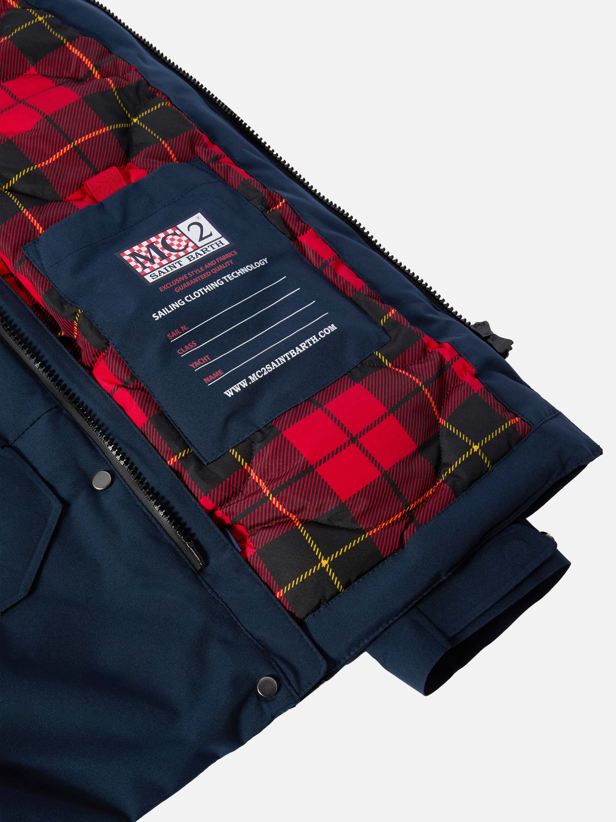 Parka con cappuccio Voyager Jr blu navy con interno tartan - Image 4