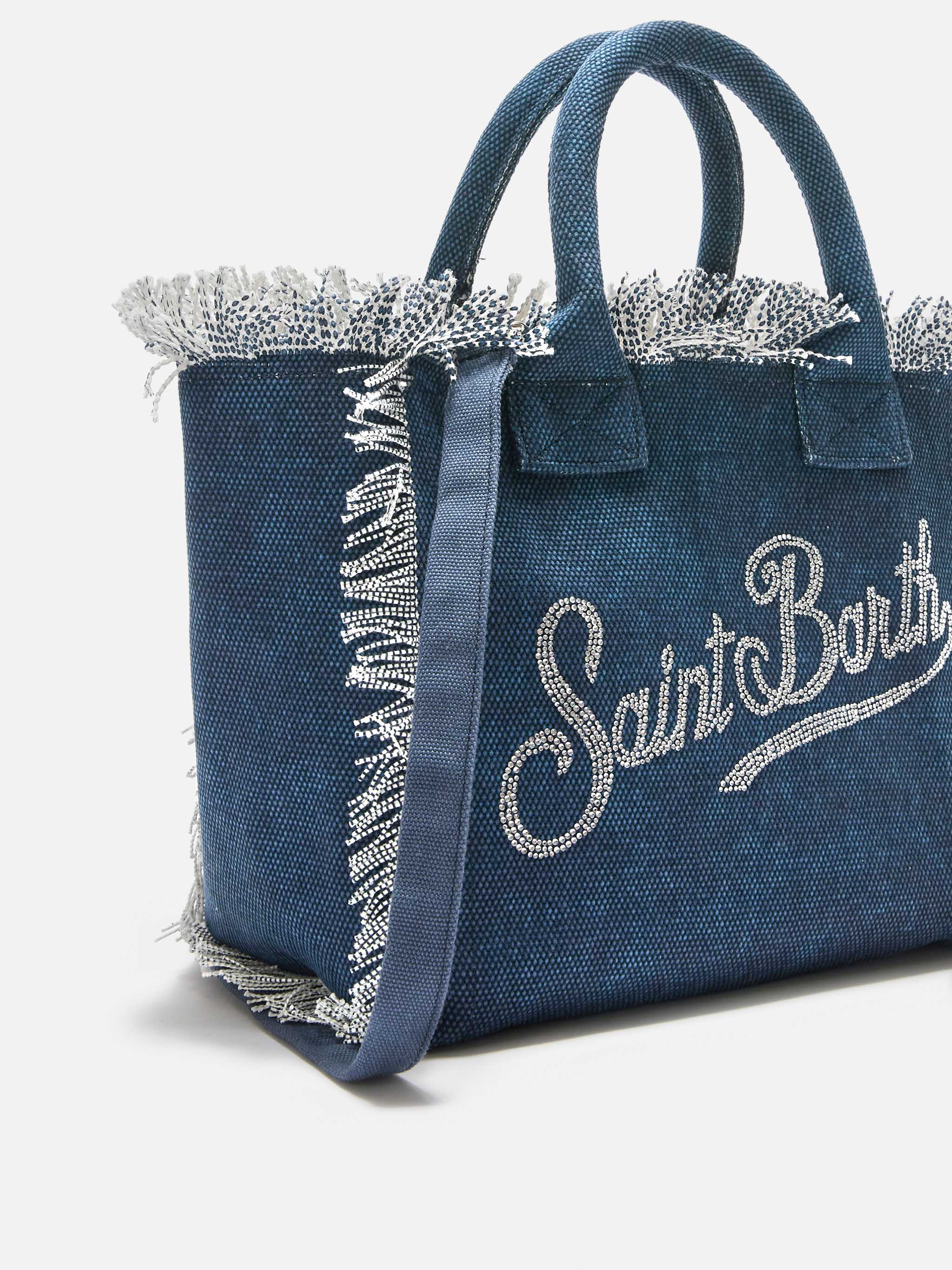 Borsa Colette in canvas blu indaco con logo in strass - Image 3