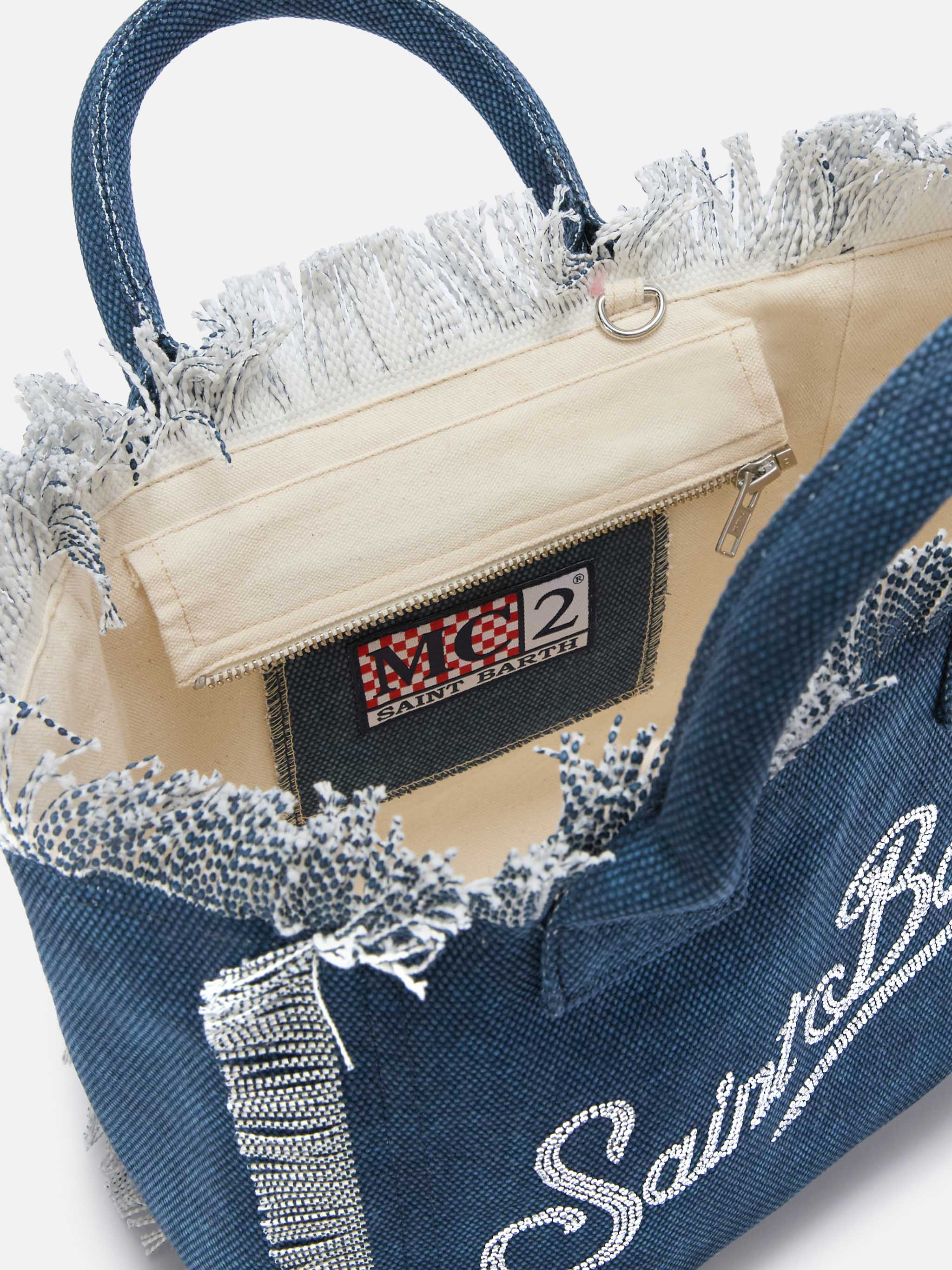 Borsa Colette in canvas blu indaco con logo in strass - Image 4
