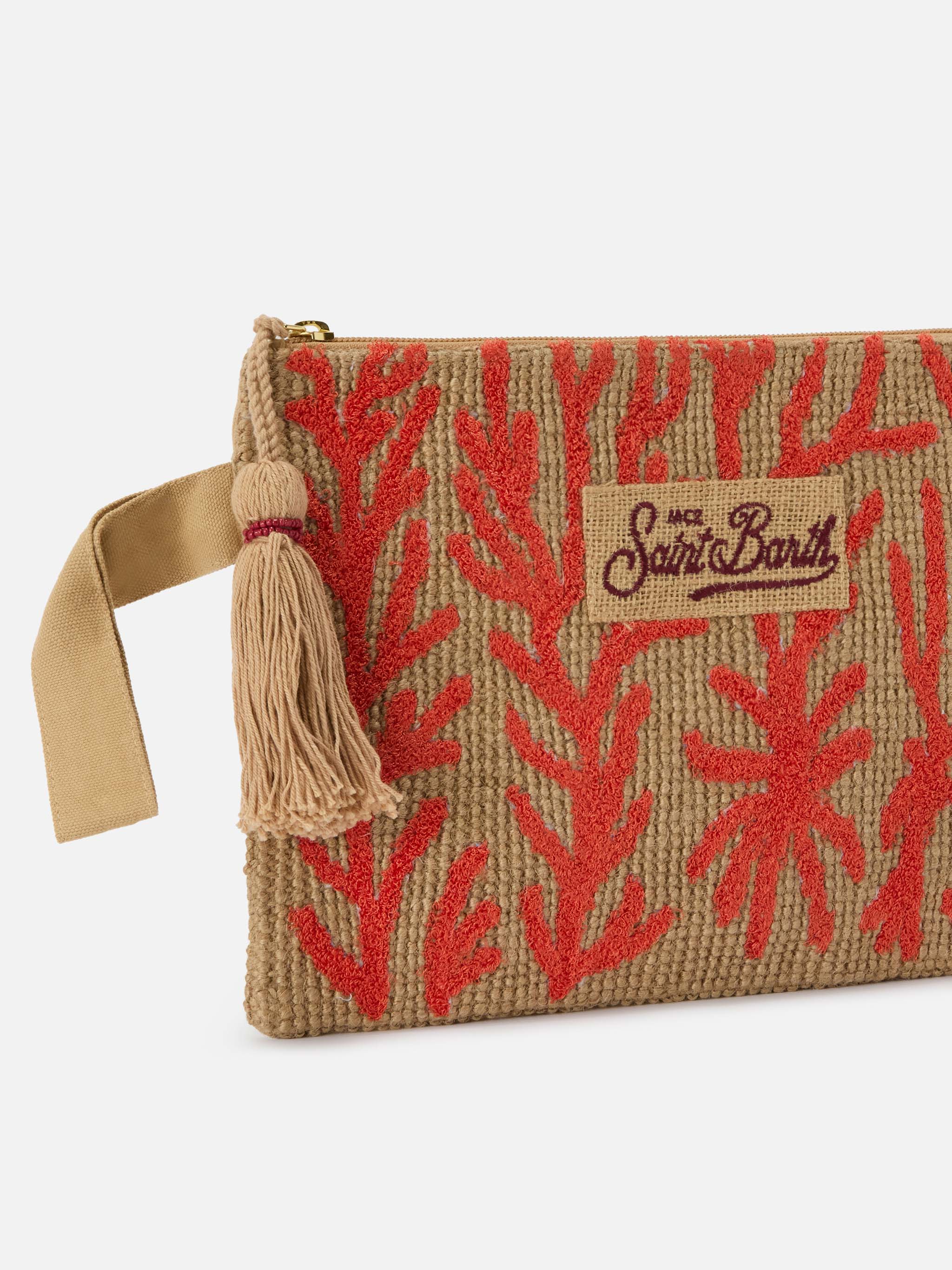 Pochette in juta con fantasia corallo ricamata - Image 3