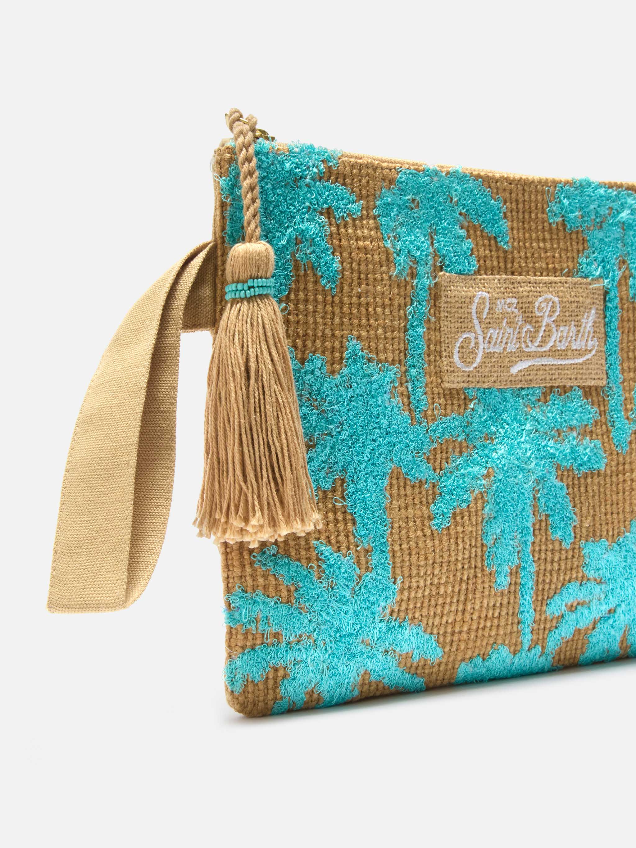 Pochette in juta con fantasia palme ricamate - Image 3